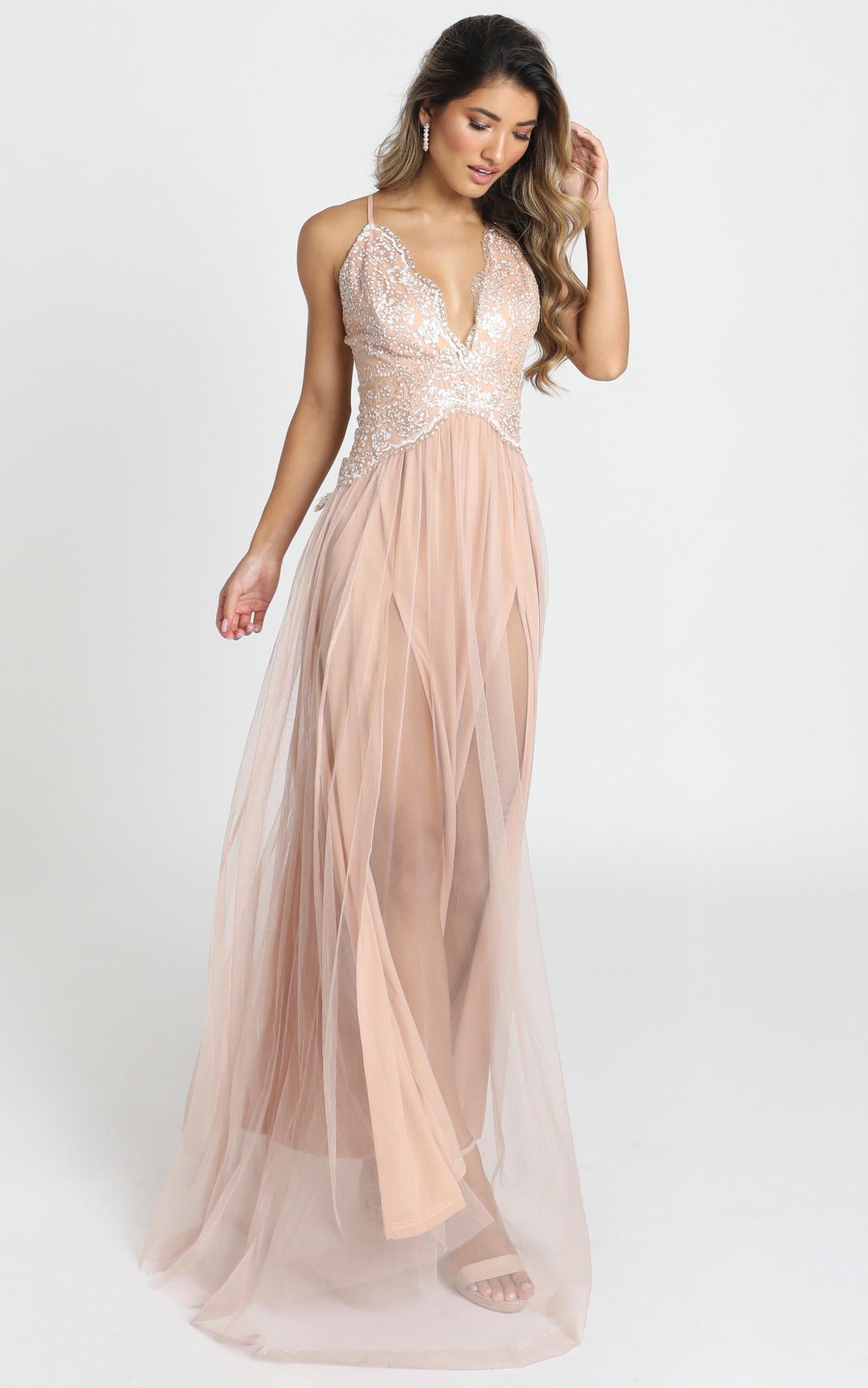 Show Me Love Mesh Maxi Dress In Rose Gold Glitter