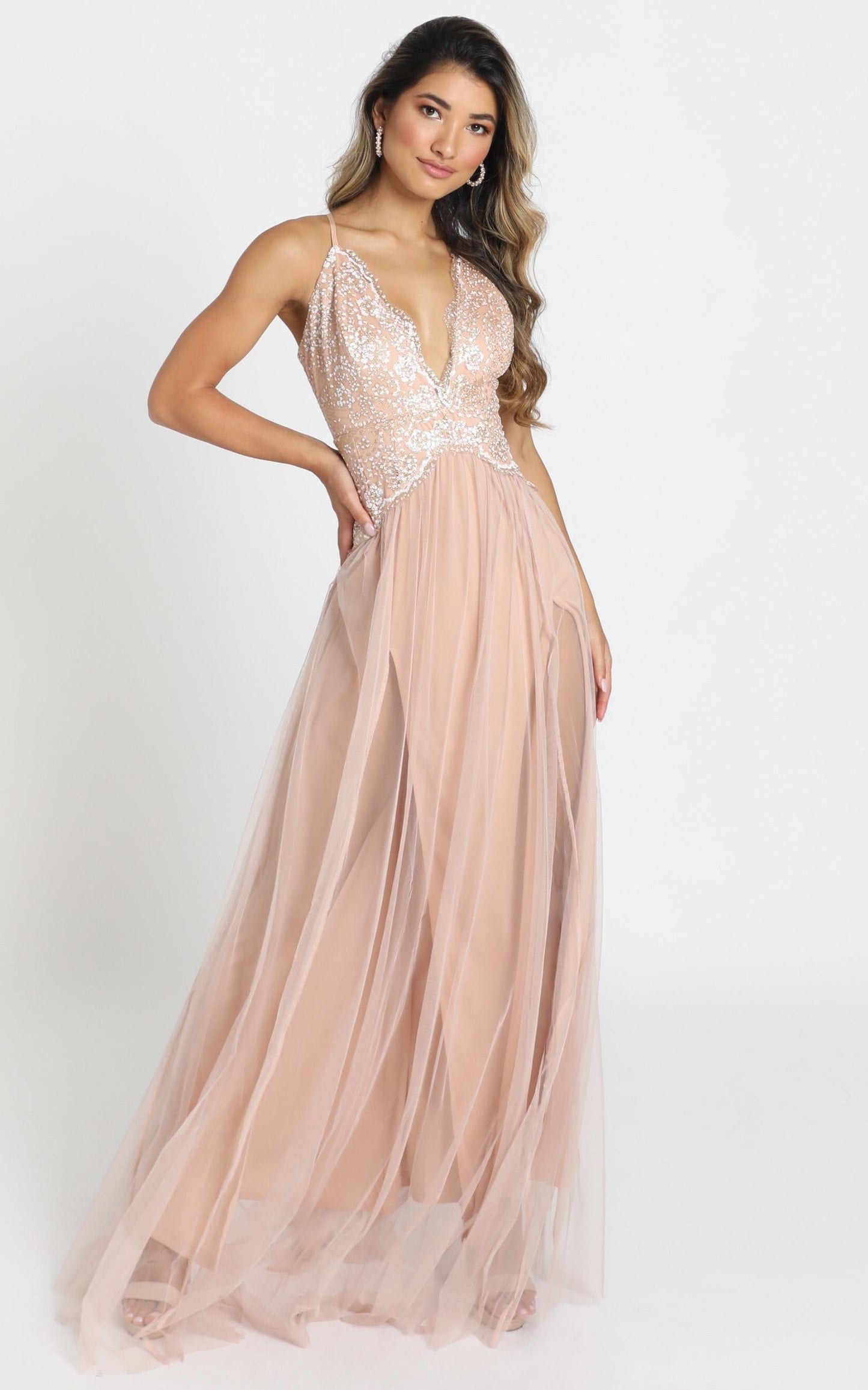 Show Me Love Mesh Maxi Dress In Rose Gold Glitter
