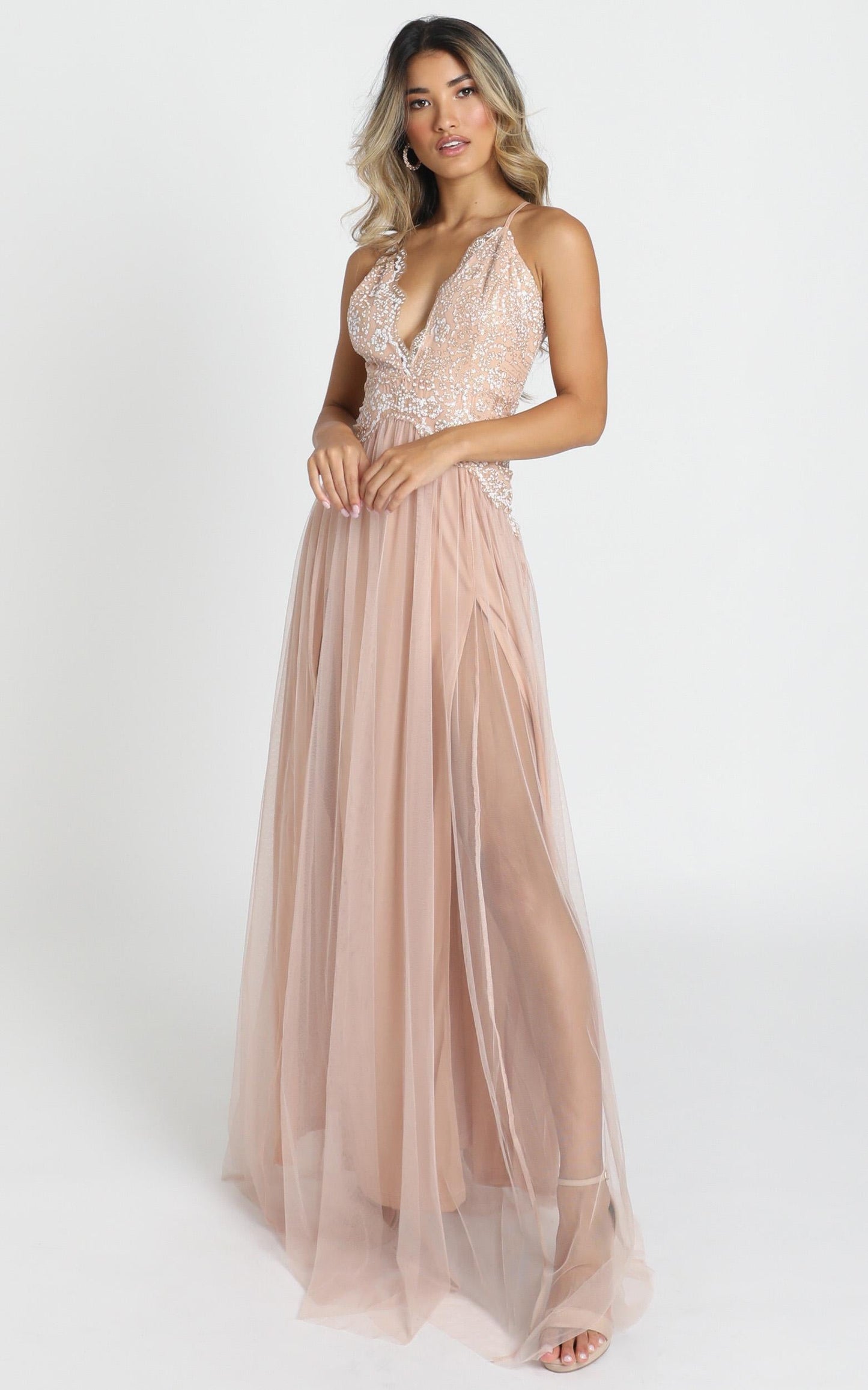 Show Me Love Mesh Maxi Dress In Rose Gold Glitter