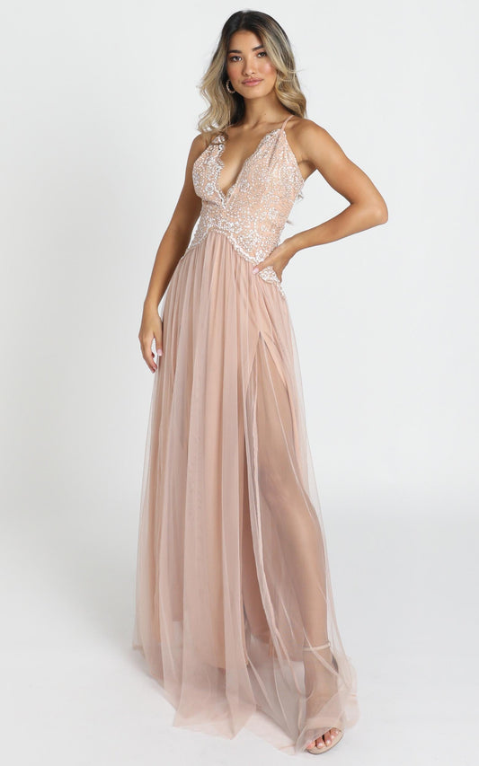 Show Me Love Mesh Maxi Dress In Rose Gold Glitter