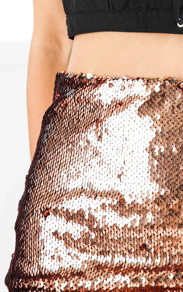 Show Me Off Mini Skirt In Copper Sequin