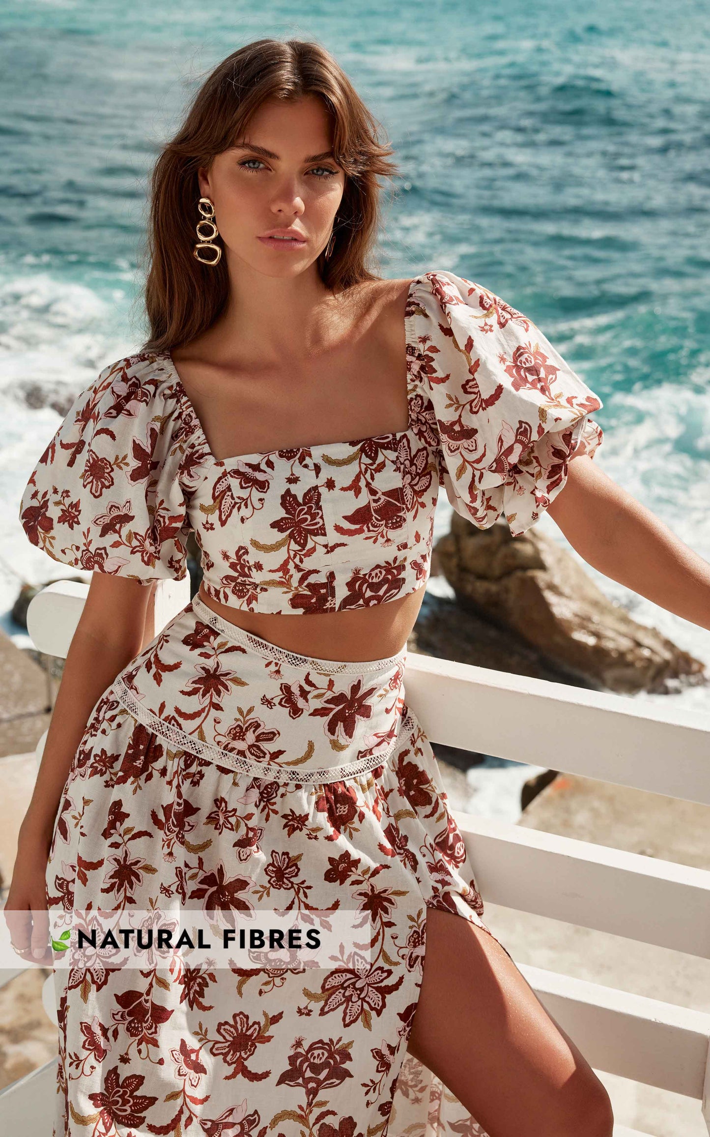 Amalie The Label - Bellene Linen Look Blend Lace Up Back Puff Sleeve Top in Luca Print