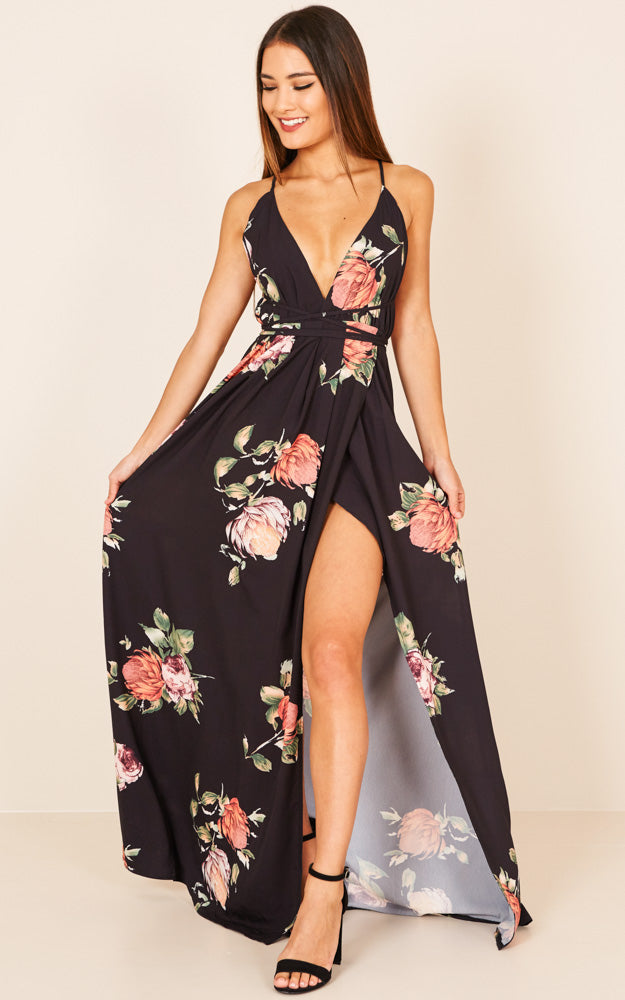 Shine Through Maxi Dress In Black Floral