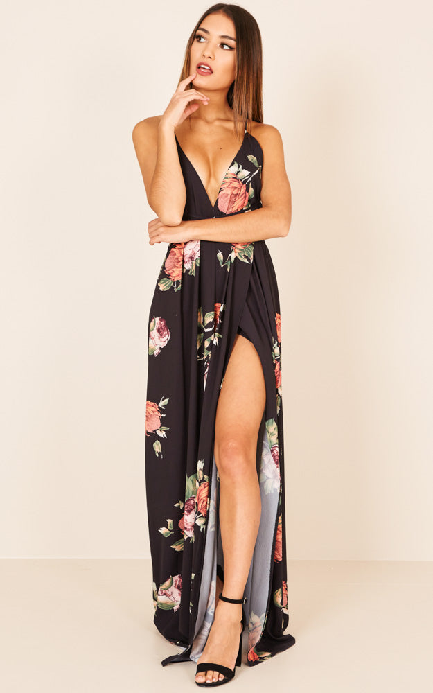 Shine Through Maxi Dress In Black Floral