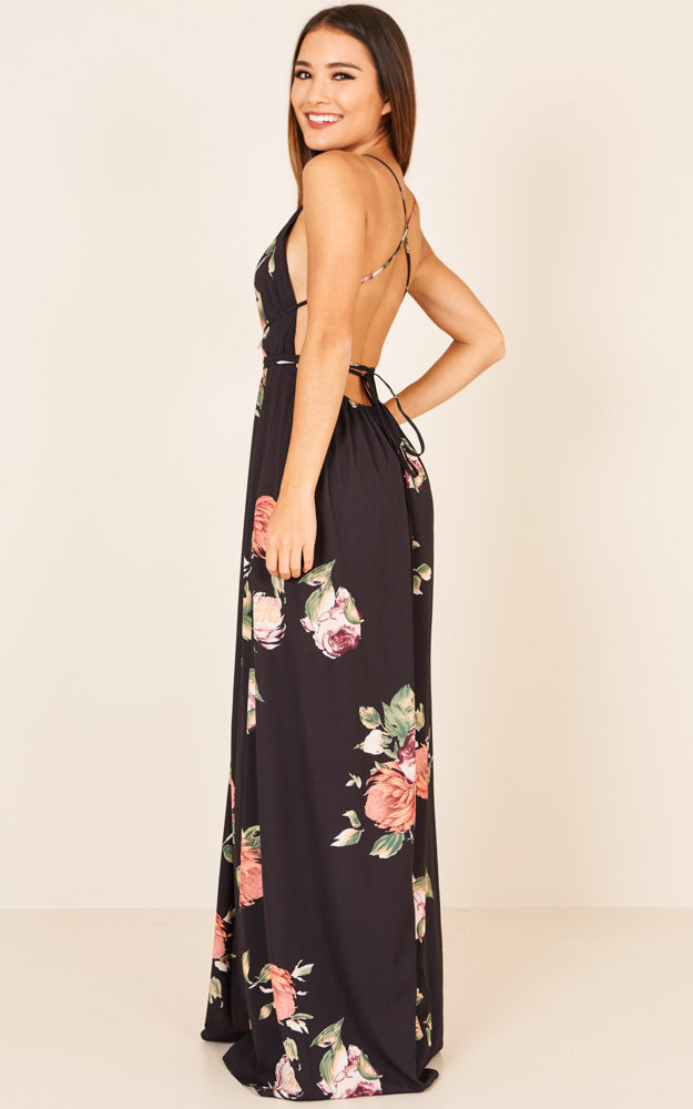 Shine Through Maxi Dress In Black Floral