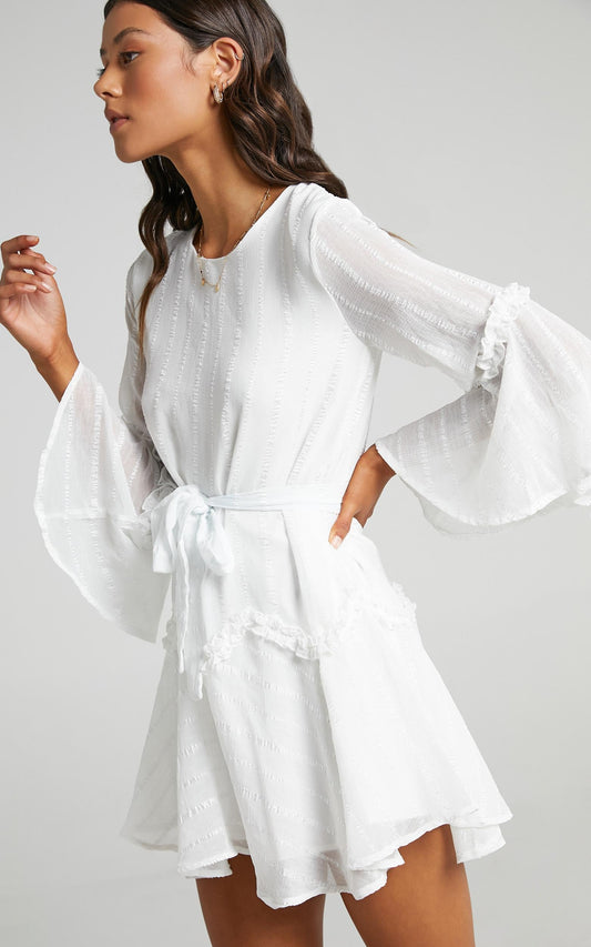 Slow Me Down Bell Sleeve Mini Dress in White