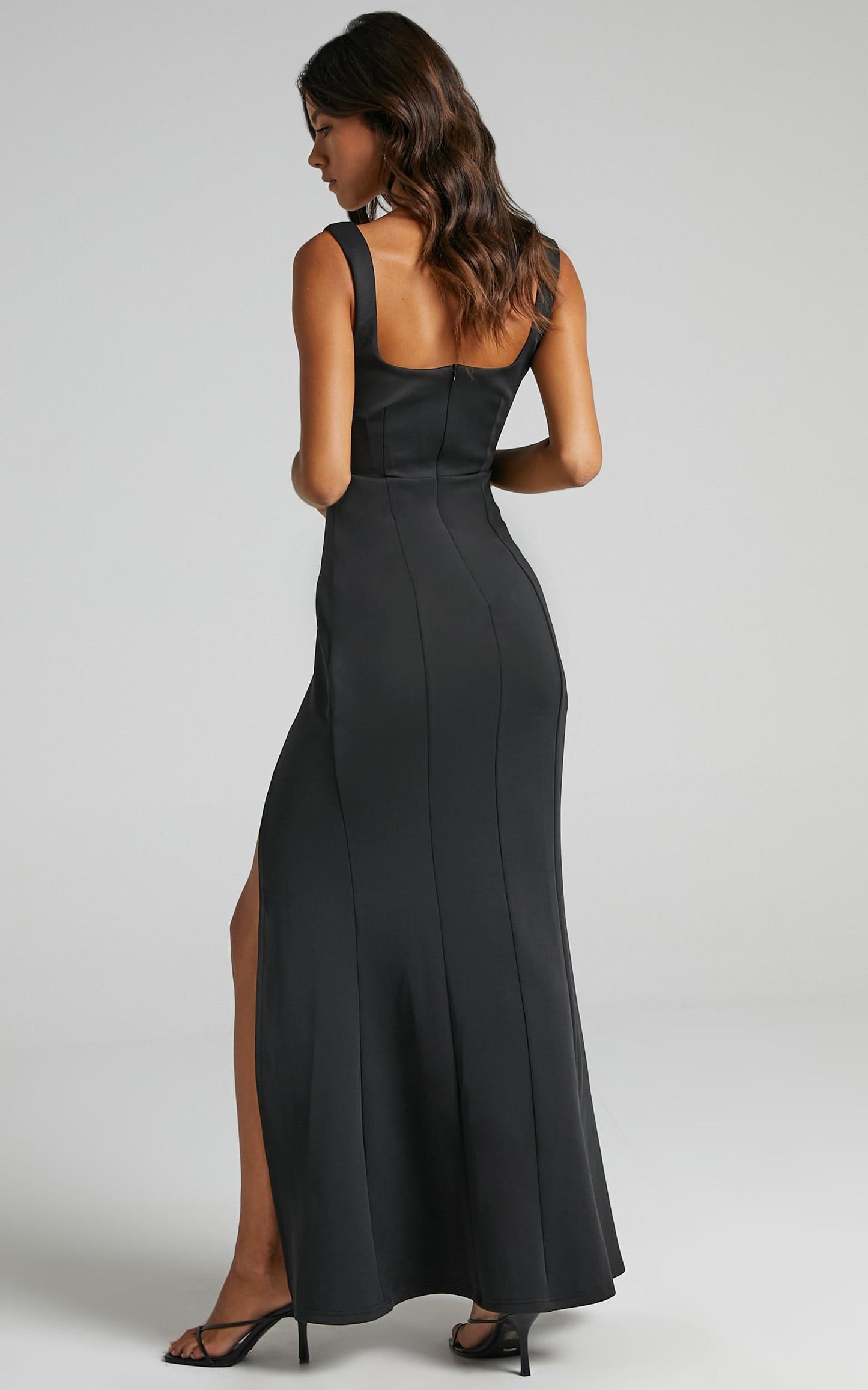 Raquelle Maxi Dress - Square Neck Thigh Split Dress in Black