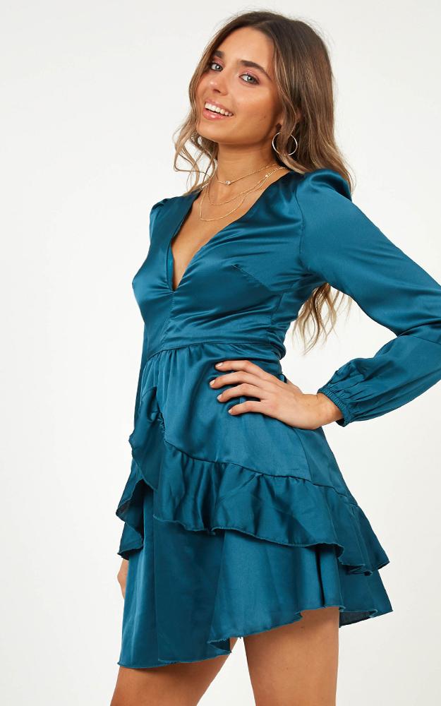 White Lies Dress In Teal Satin