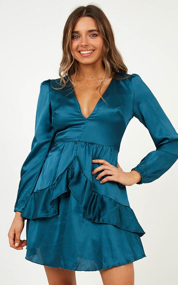 White Lies Dress In Teal Satin