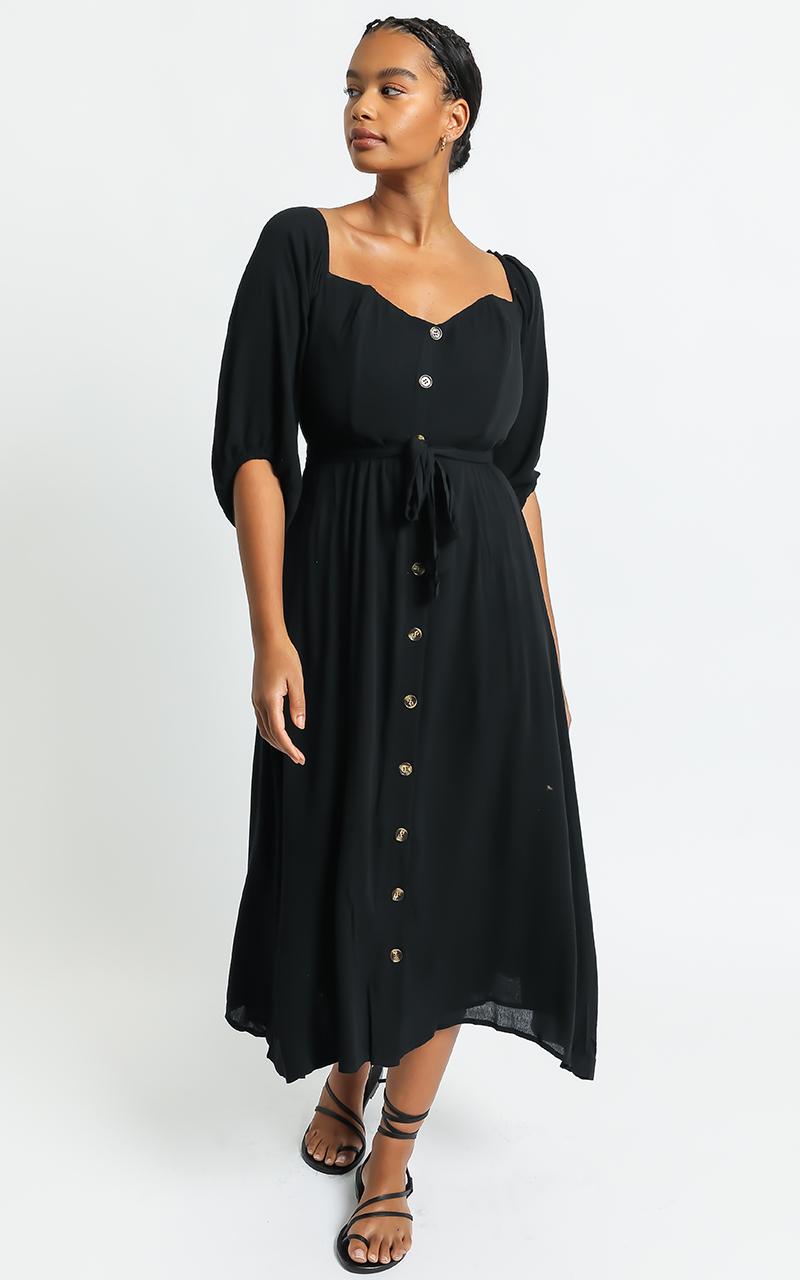Sorrento Dreaming Midi Dress - Off Shoulder Sleeve Button Through Dress in Black Linen Look