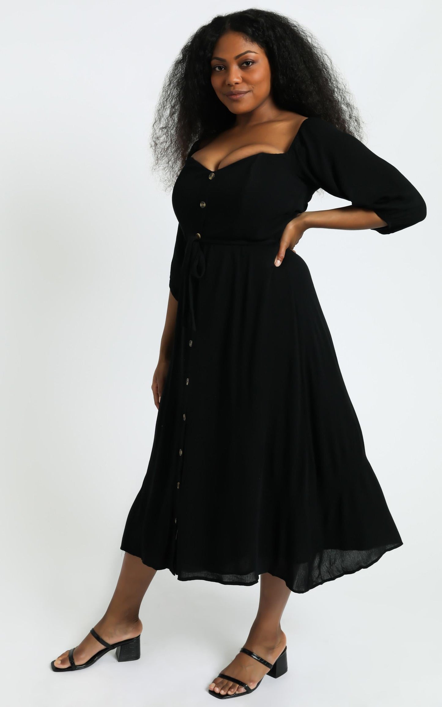 Sorrento Dreaming Midi Dress - Off Shoulder Sleeve Button Through Dress in Black Linen Look
