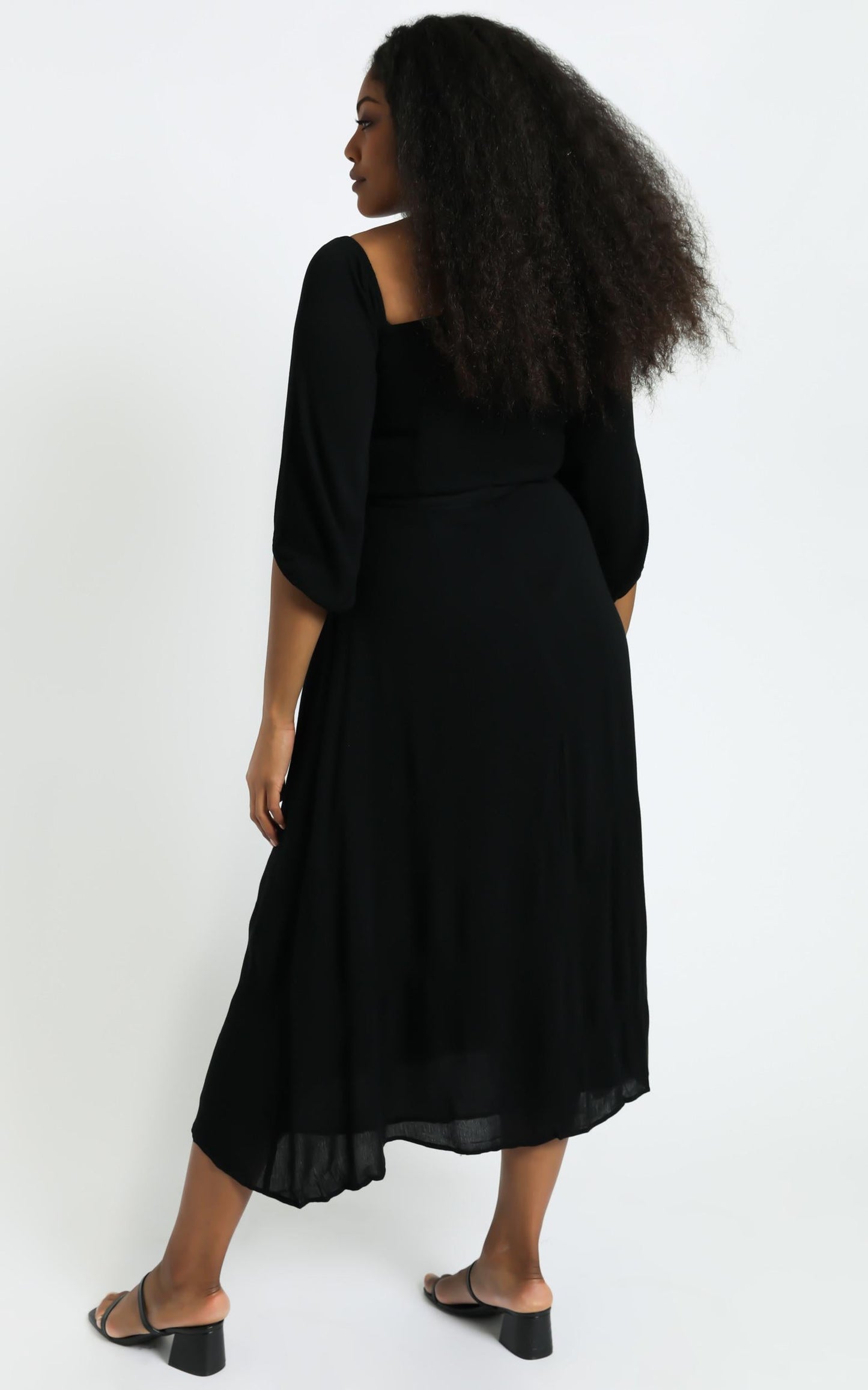 Sorrento Dreaming Midi Dress - Off Shoulder Sleeve Button Through Dress in Black Linen Look