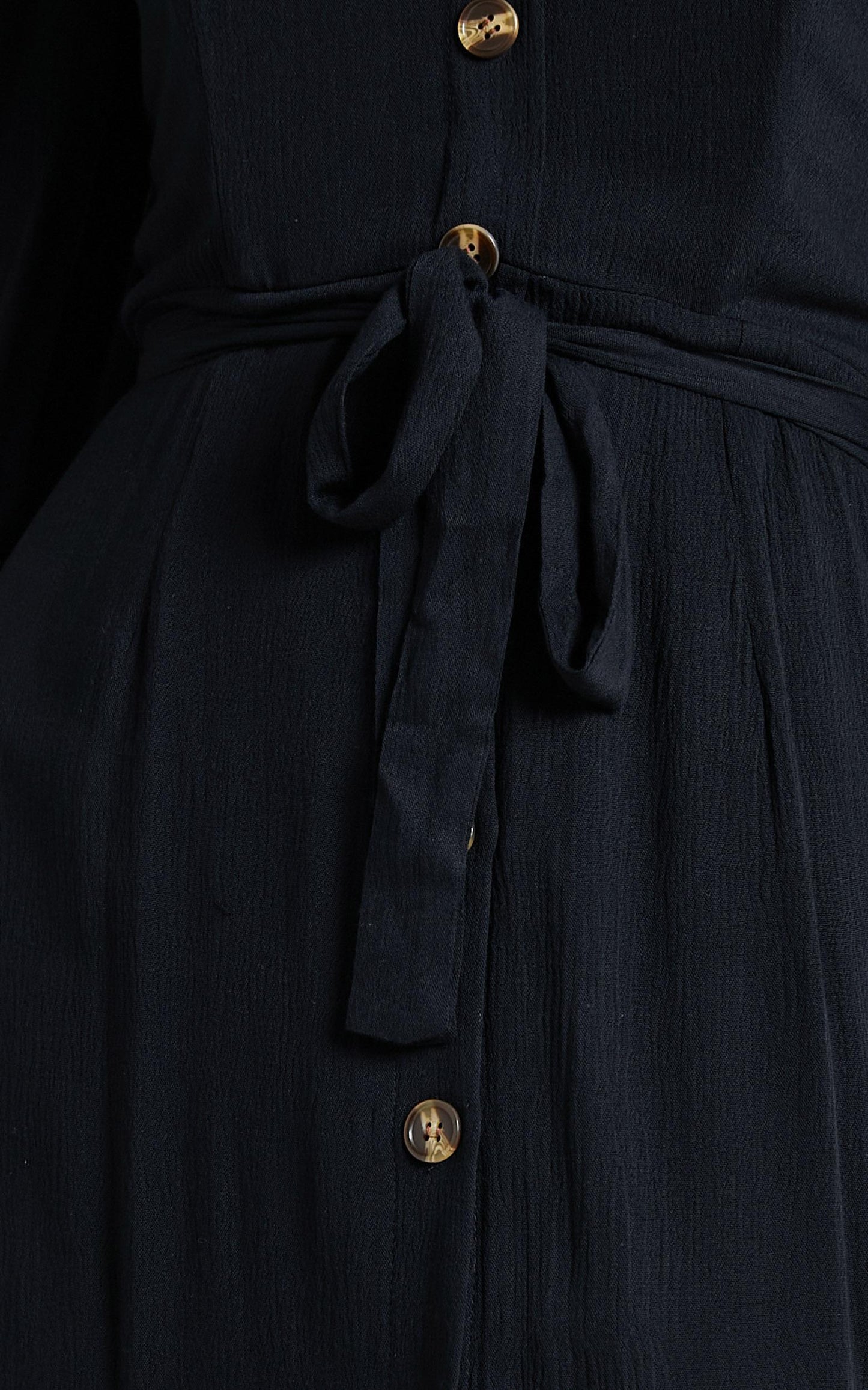 Sorrento Dreaming Midi Dress - Off Shoulder Sleeve Button Through Dress in Black Linen Look