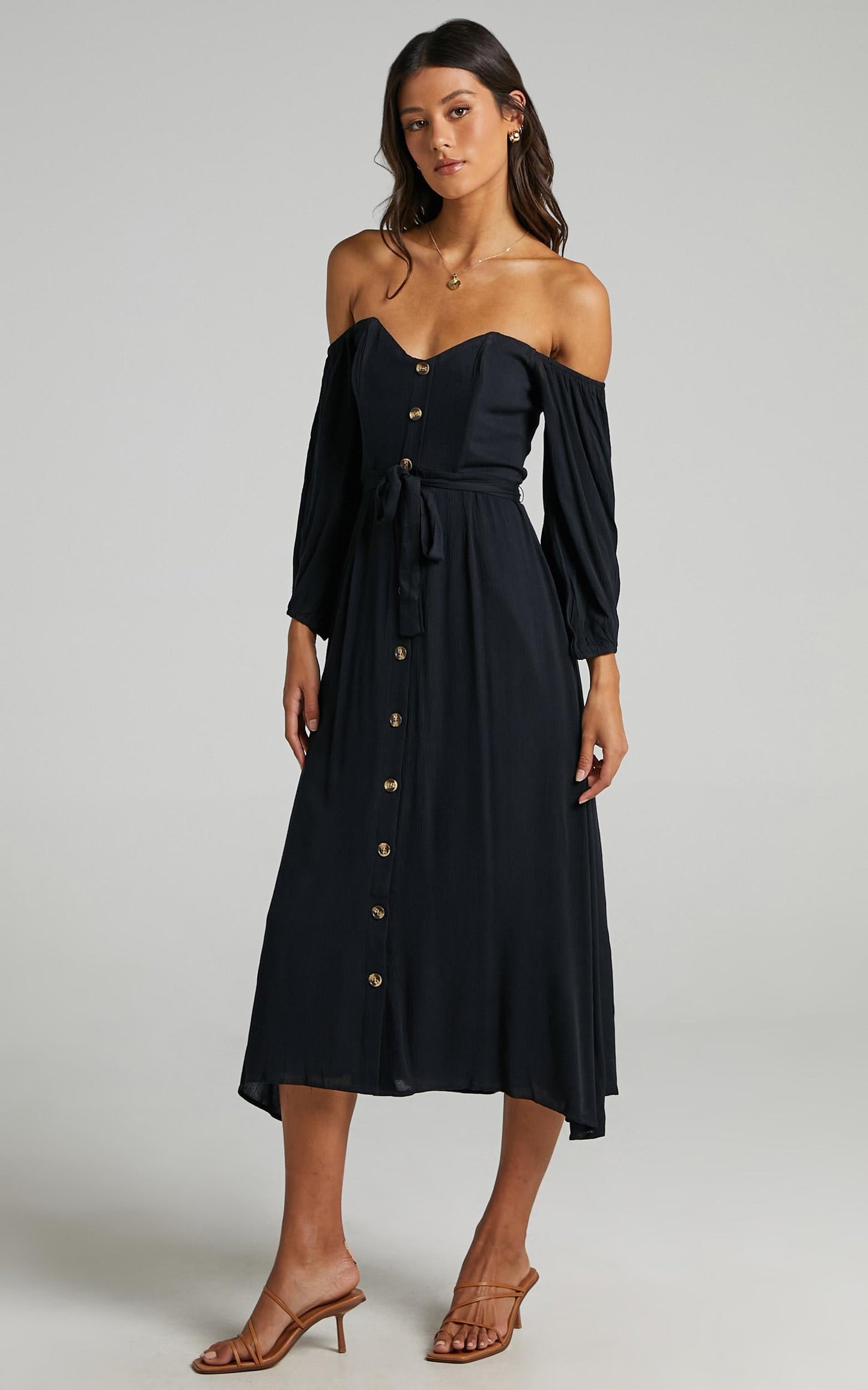 Sorrento Dreaming Midi Dress - Off Shoulder Sleeve Button Through Dress in Black Linen Look