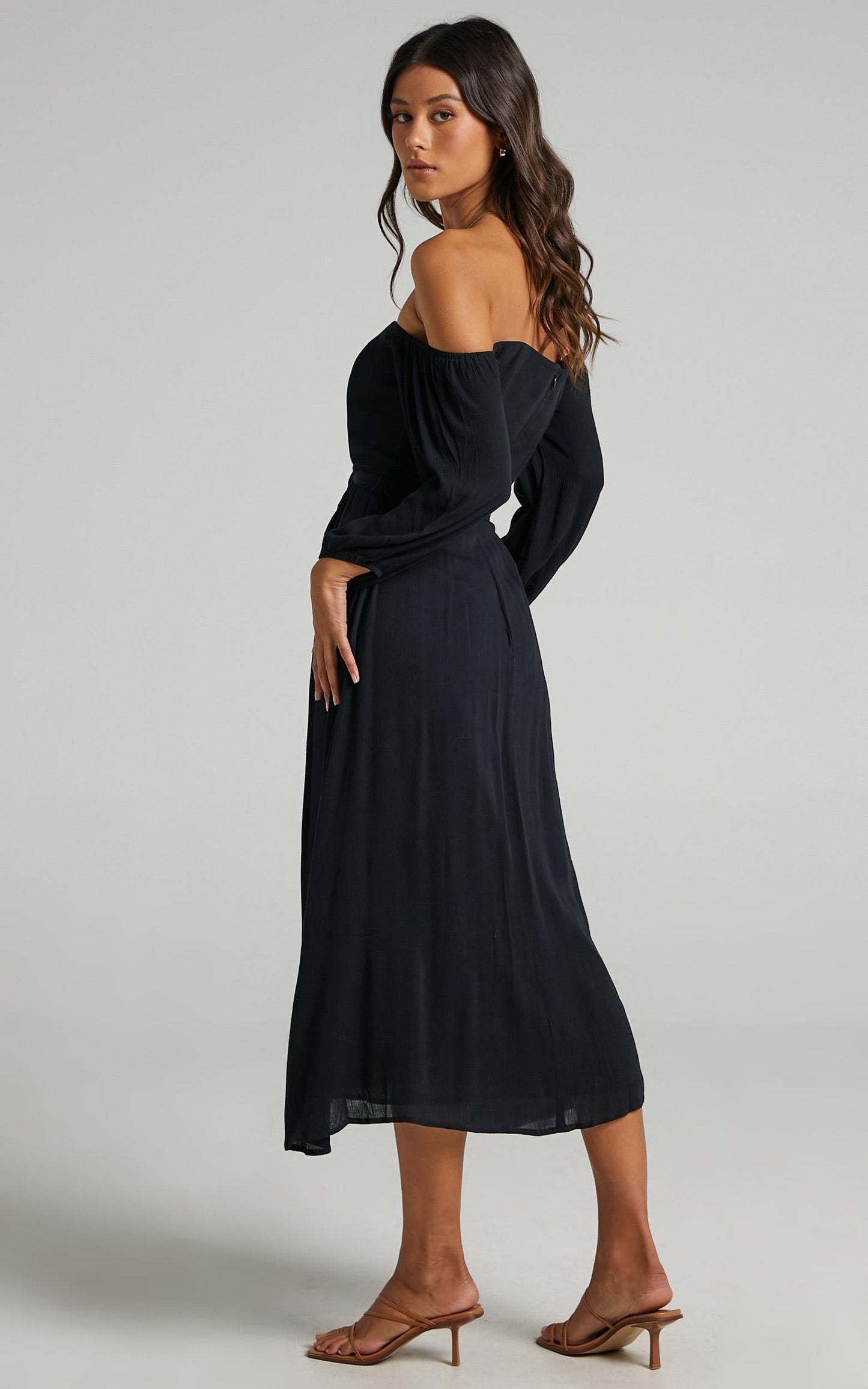 Sorrento Dreaming Midi Dress - Off Shoulder Sleeve Button Through Dress in Black Linen Look