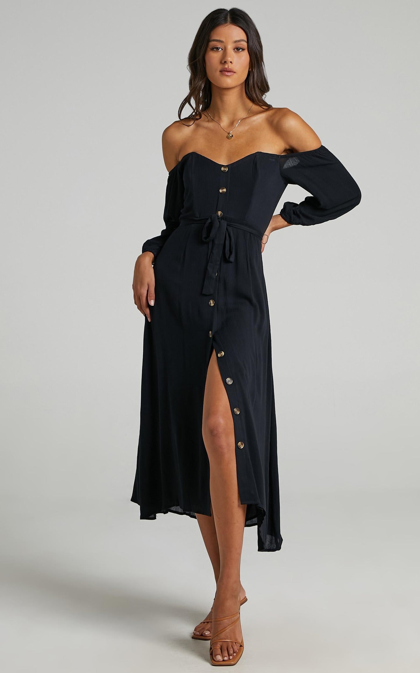 Sorrento Dreaming Midi Dress - Off Shoulder Sleeve Button Through Dress in Black Linen Look
