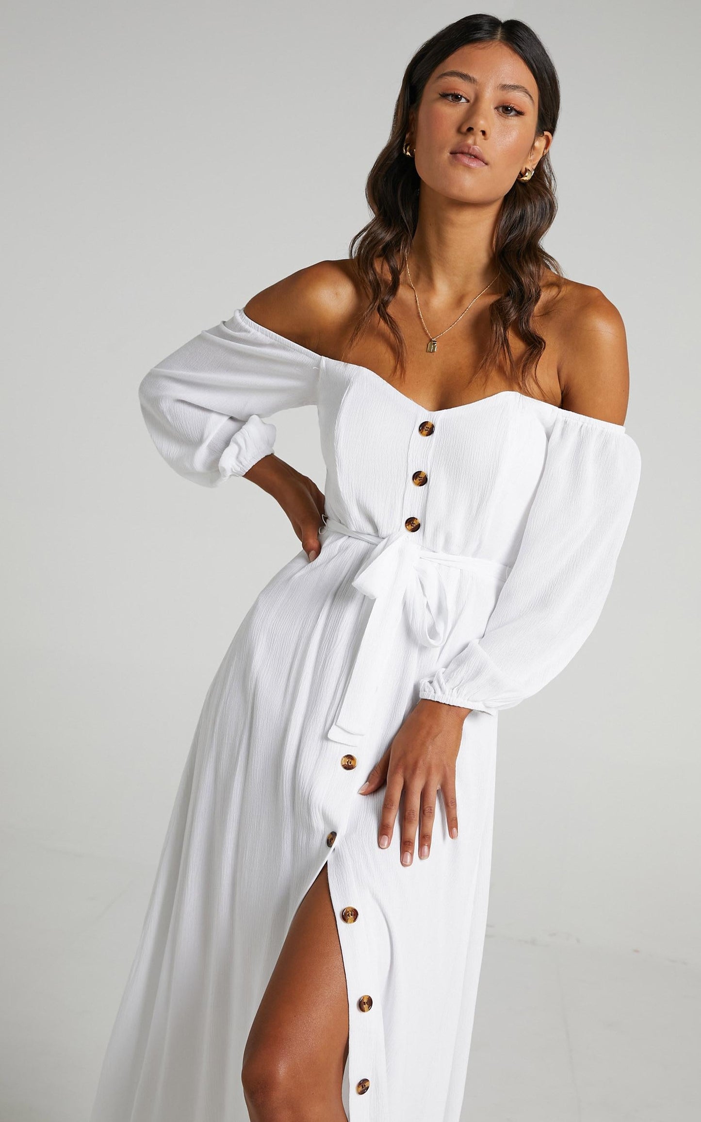 Sorrento Dreaming Midi Dress - Off Shoulder Sleeve Button Through Dress in White Linen Look