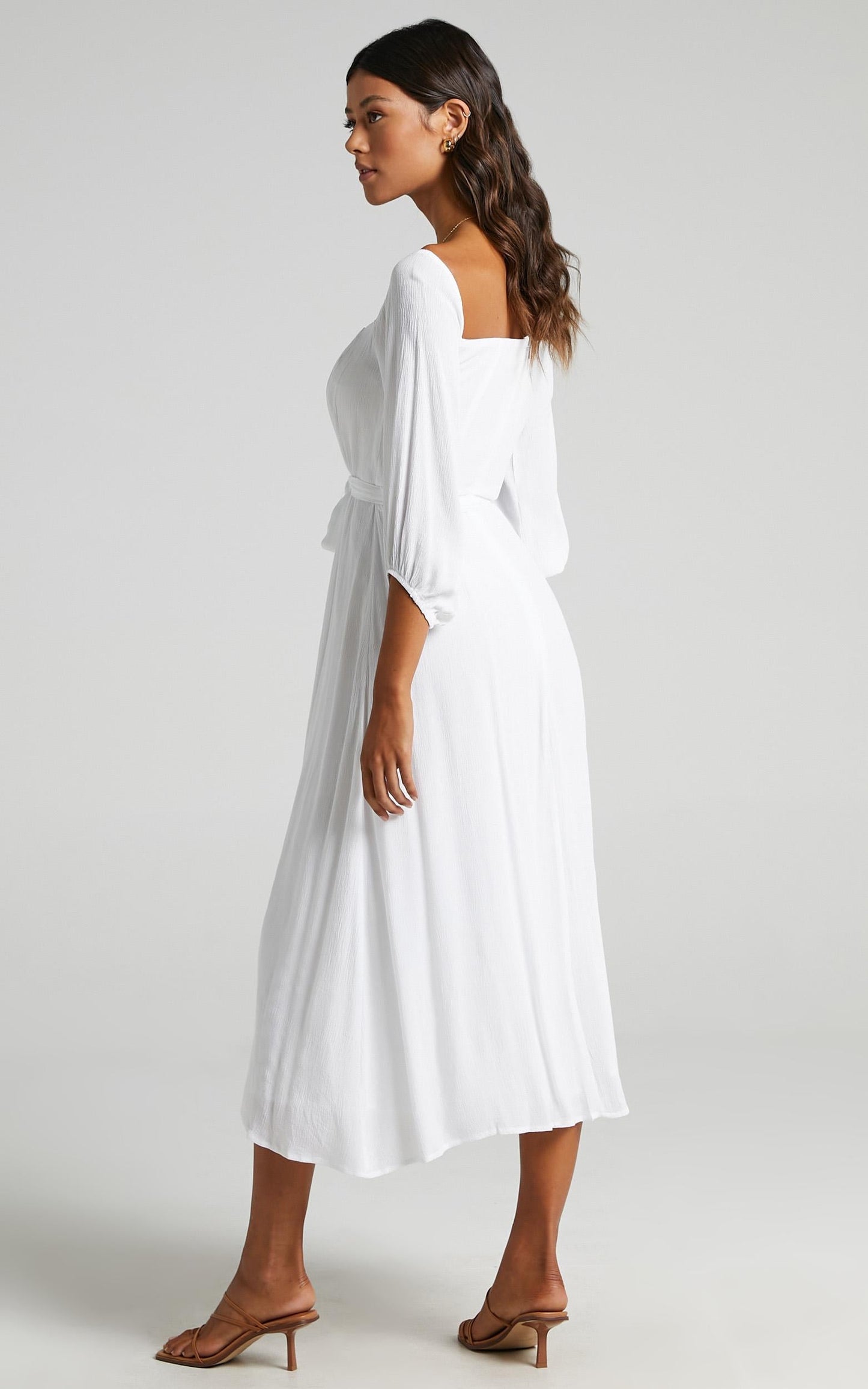 Sorrento Dreaming Midi Dress - Off Shoulder Sleeve Button Through Dress in White Linen Look