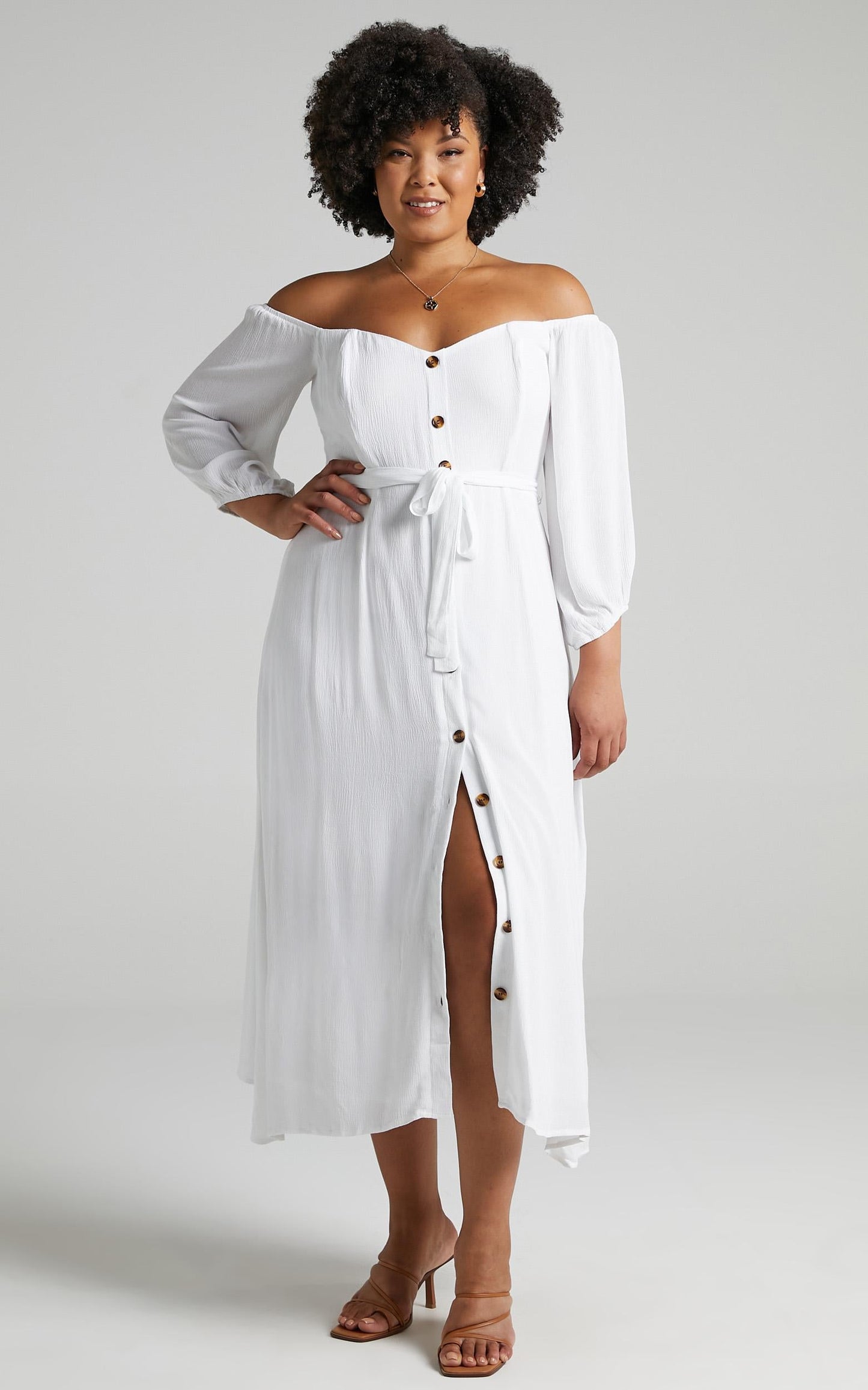 Sorrento Dreaming Midi Dress - Off Shoulder Sleeve Button Through Dress in White Linen Look