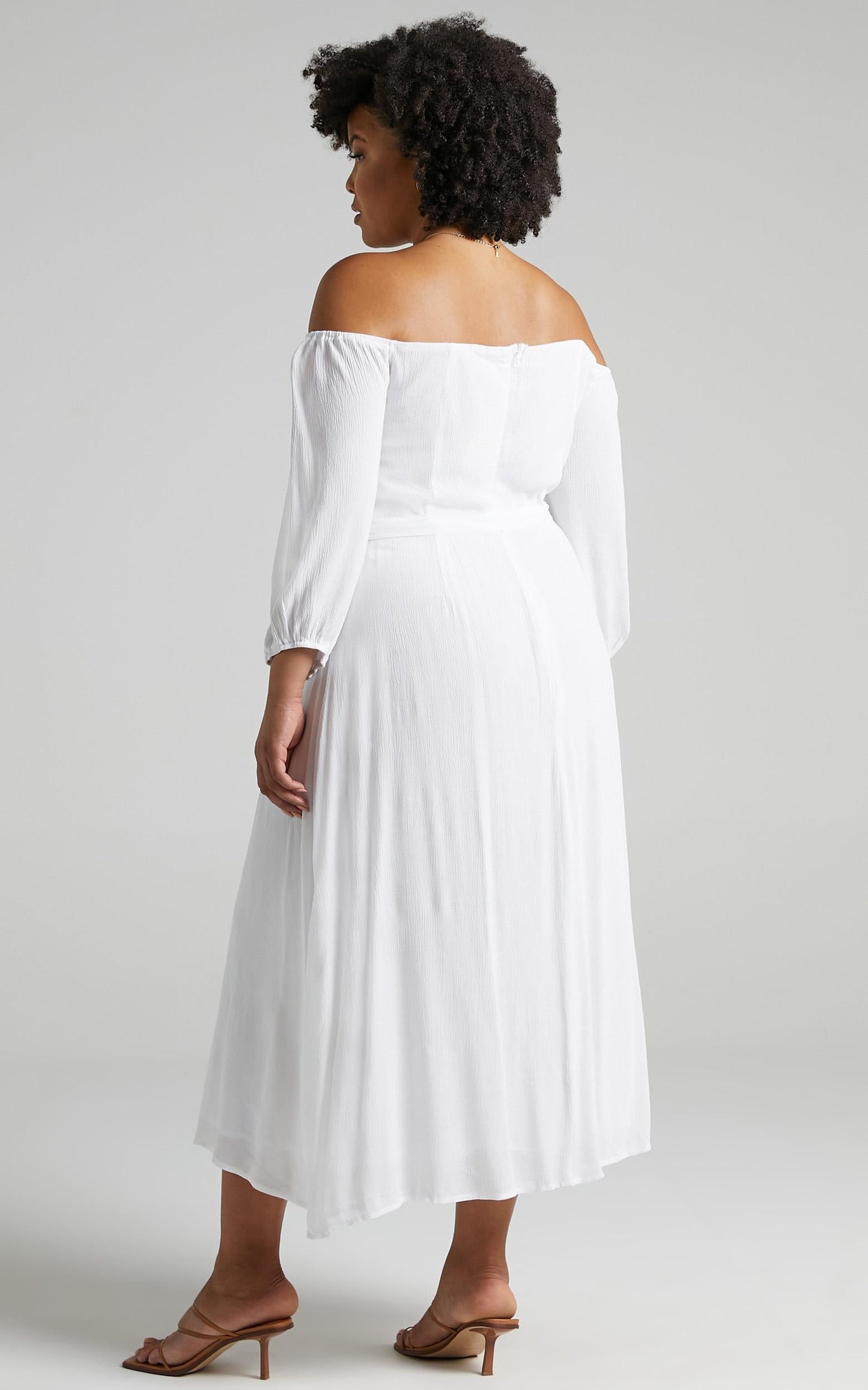Sorrento Dreaming Midi Dress - Off Shoulder Sleeve Button Through Dress in White Linen Look