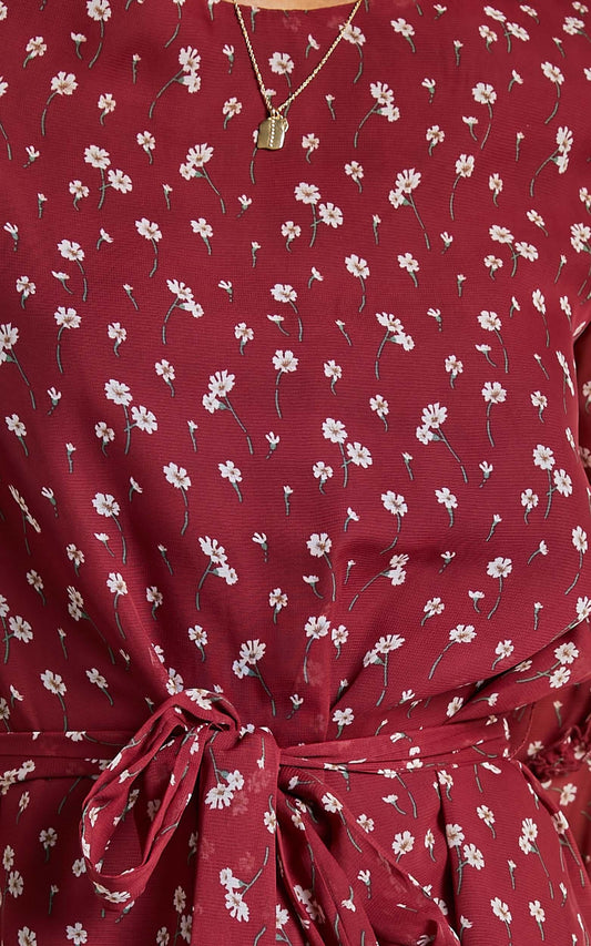 So Whats Next Bell Sleeve Mini Dress in Wine Floral
