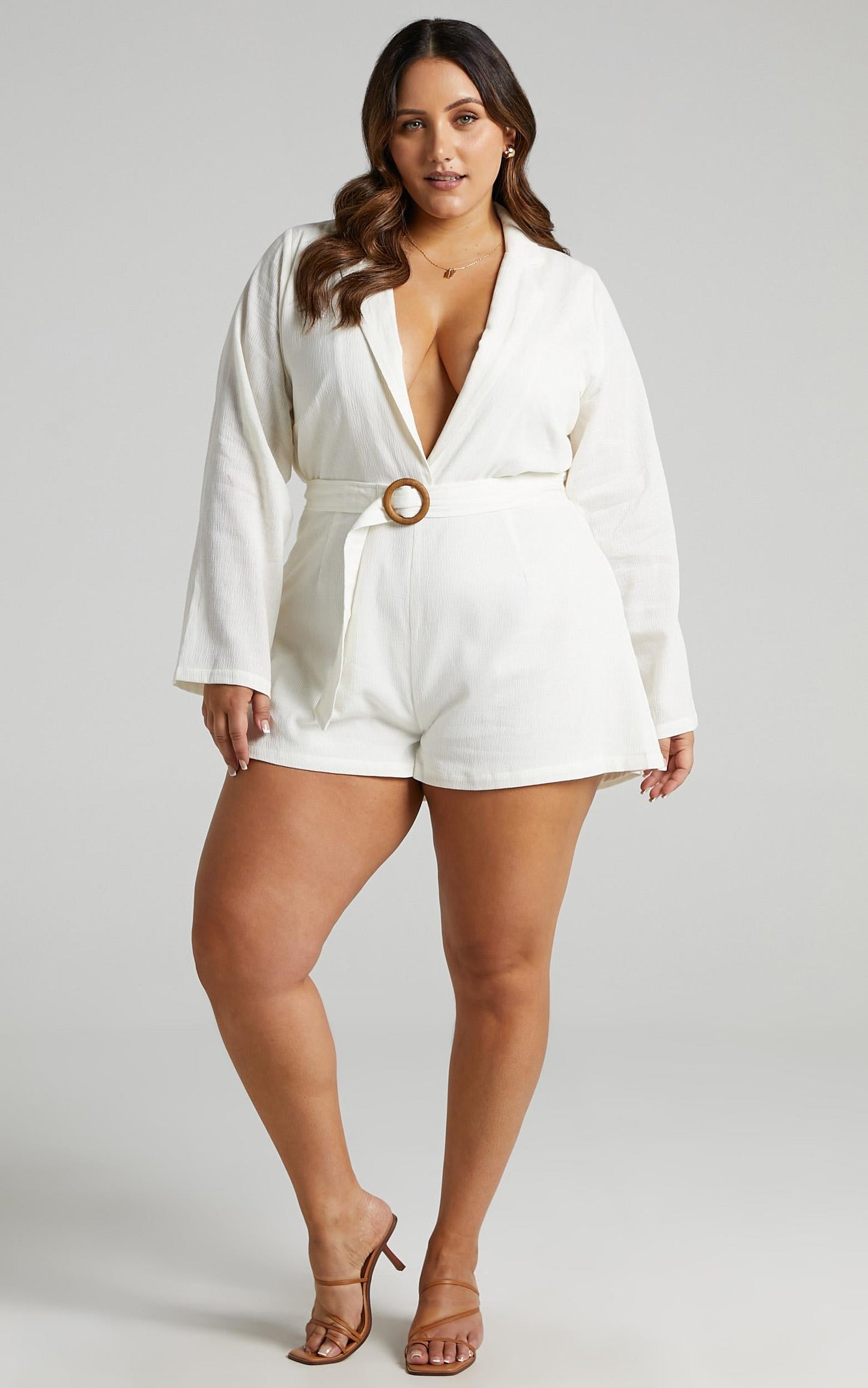 Annona Playsuit - Long Sleeve Plunge Belt Playsuit in Off White