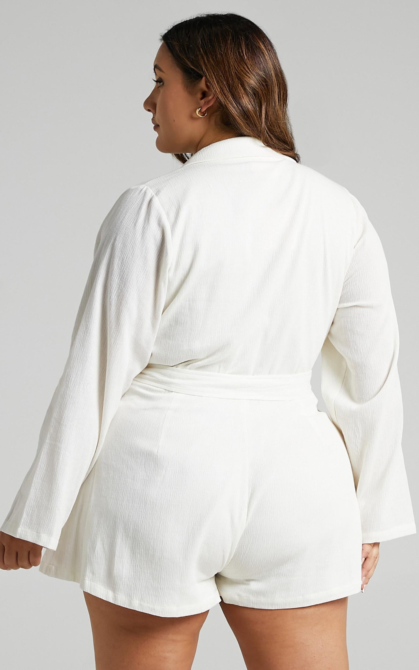 Annona Playsuit - Long Sleeve Plunge Belt Playsuit in Off White