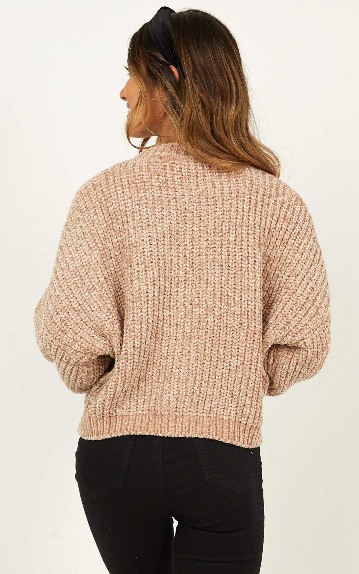 Staying Right Here Jumper In Beige Velvet Knit