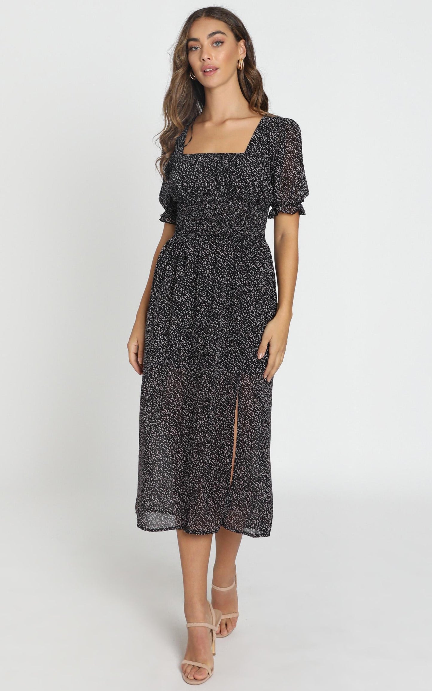 Stella Shirred Waist Midi Dress in Black Floral
