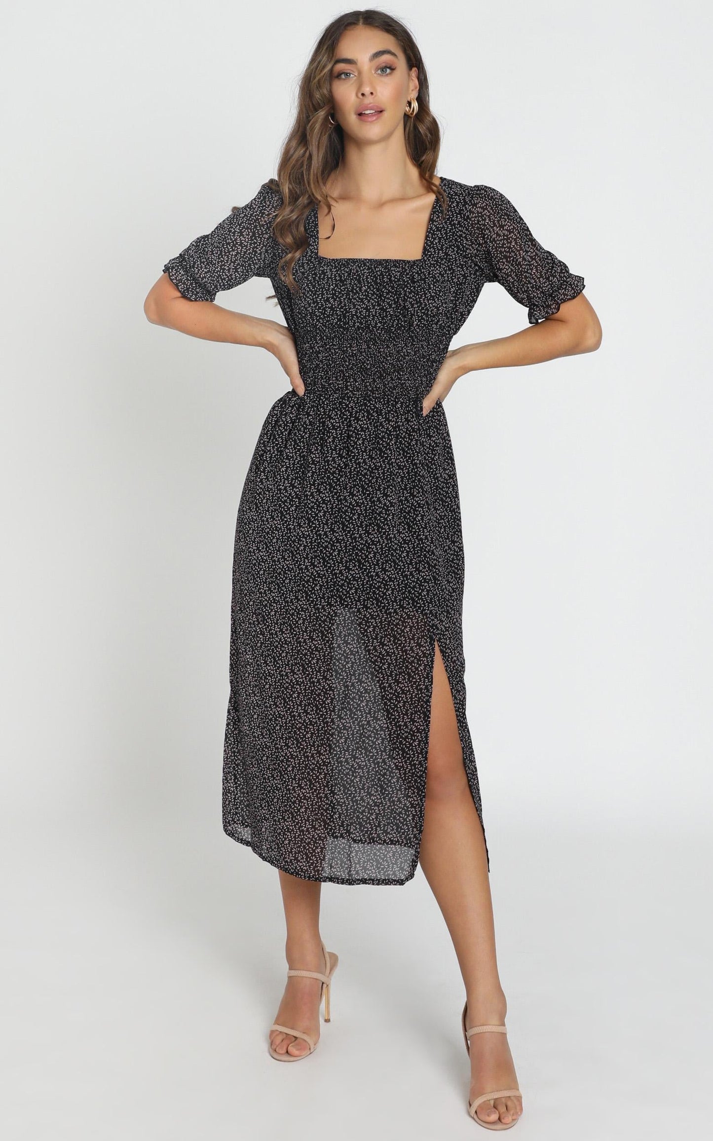 Stella Shirred Waist Midi Dress in Black Floral