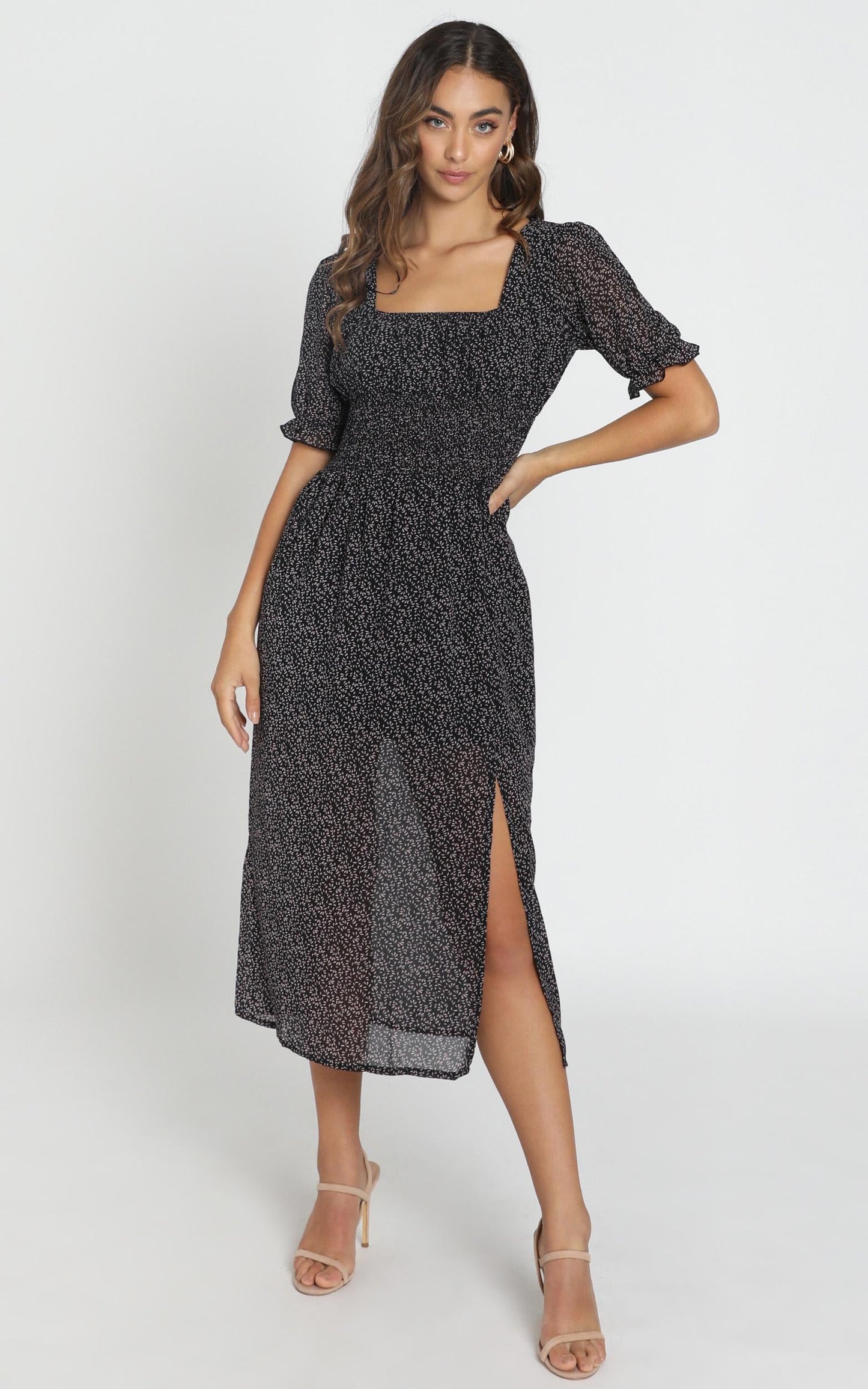 Stella Shirred Waist Midi Dress in Black Floral