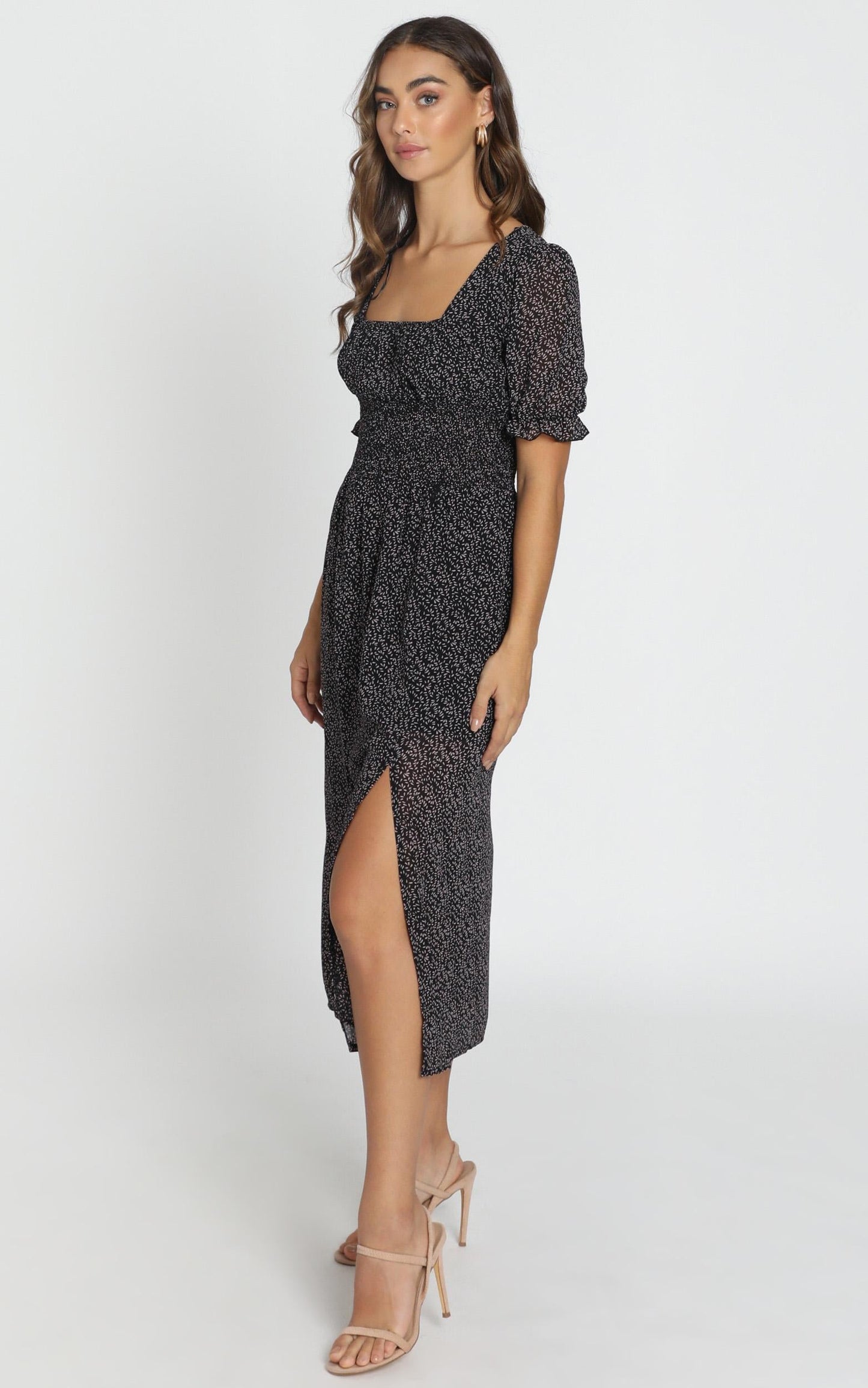 Stella Shirred Waist Midi Dress in Black Floral