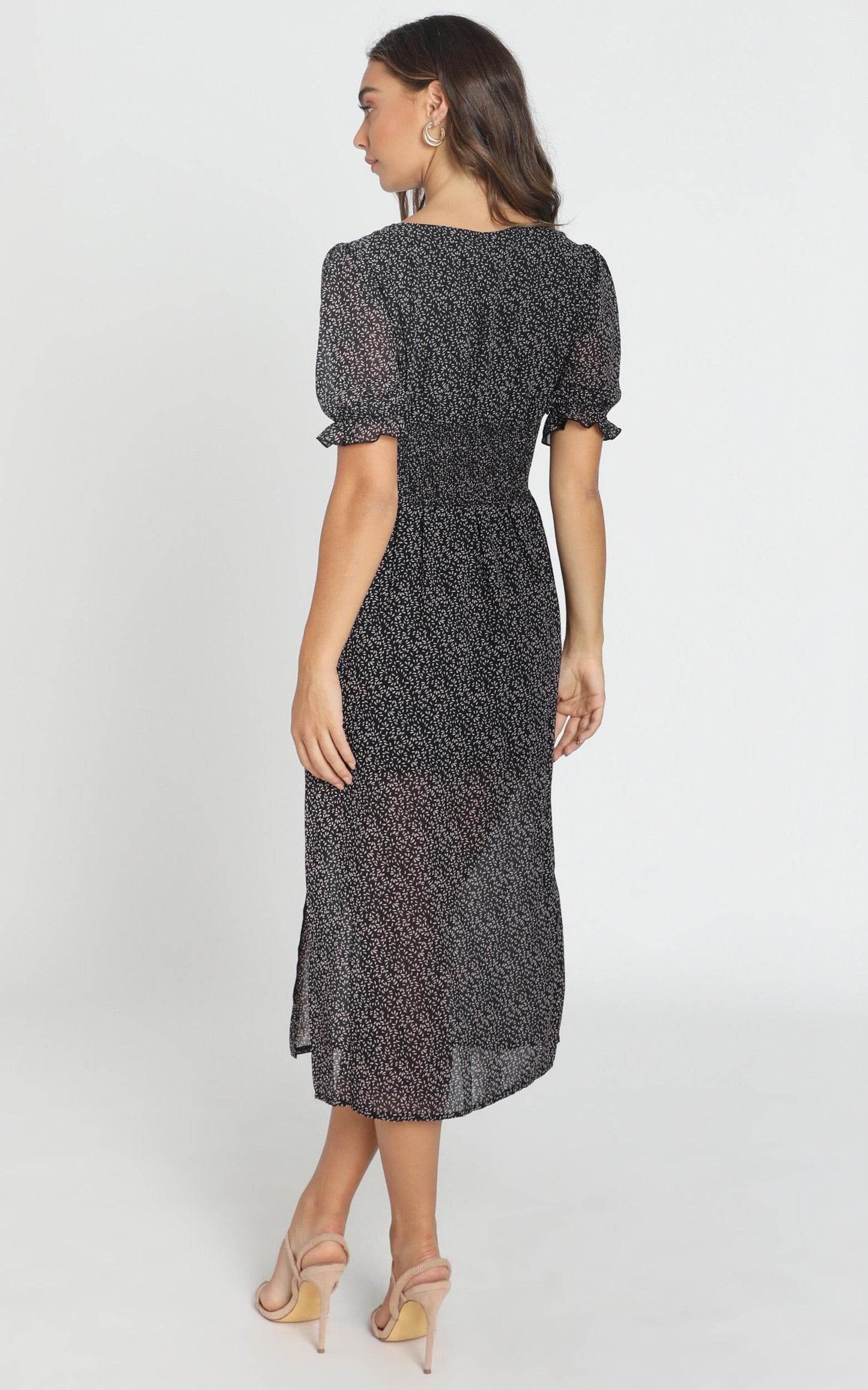 Stella Shirred Waist Midi Dress in Black Floral