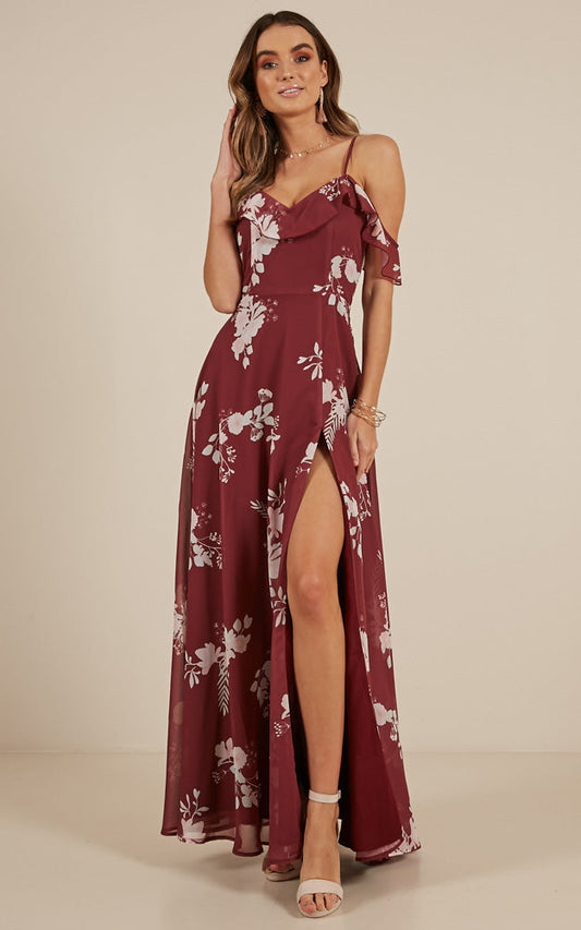 Sway Away Maxi Dress In Wine Floral