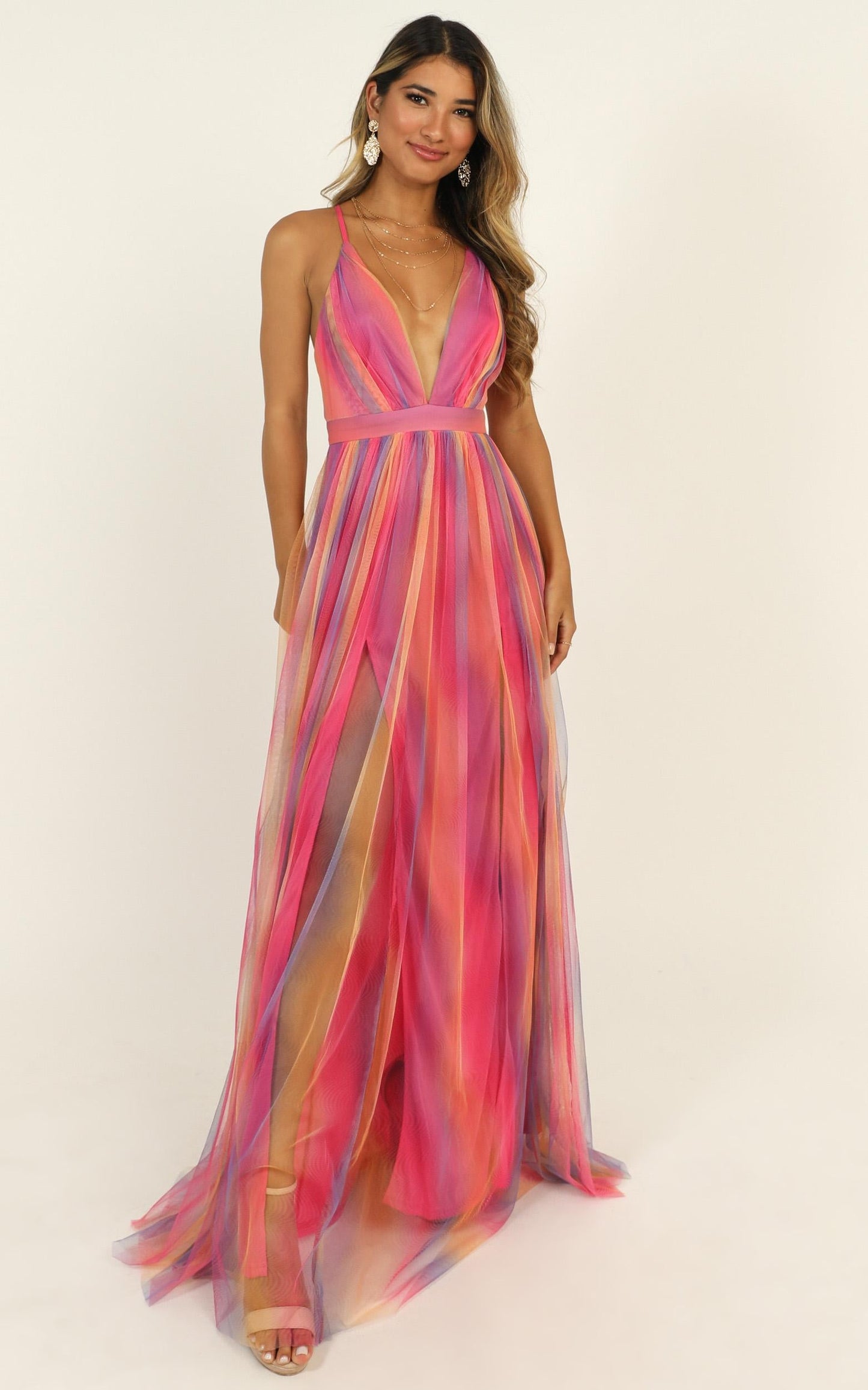 Sweet Romance Mesh Maxi Dress In Pink Multi
