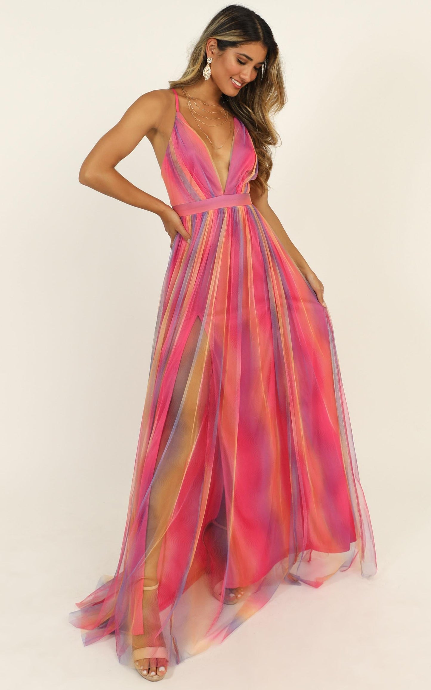 Sweet Romance Mesh Maxi Dress In Pink Multi