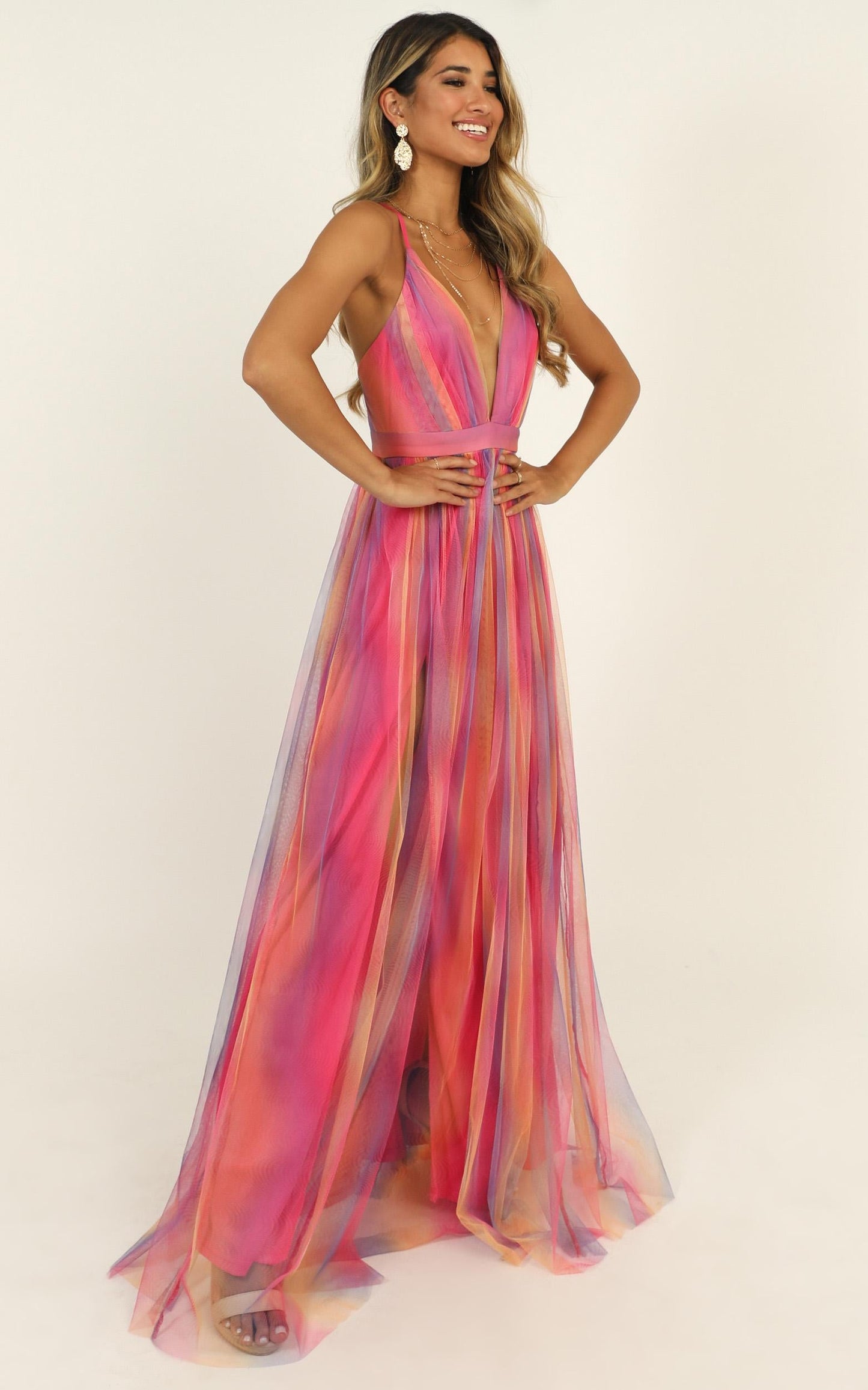 Sweet Romance Mesh Maxi Dress In Pink Multi