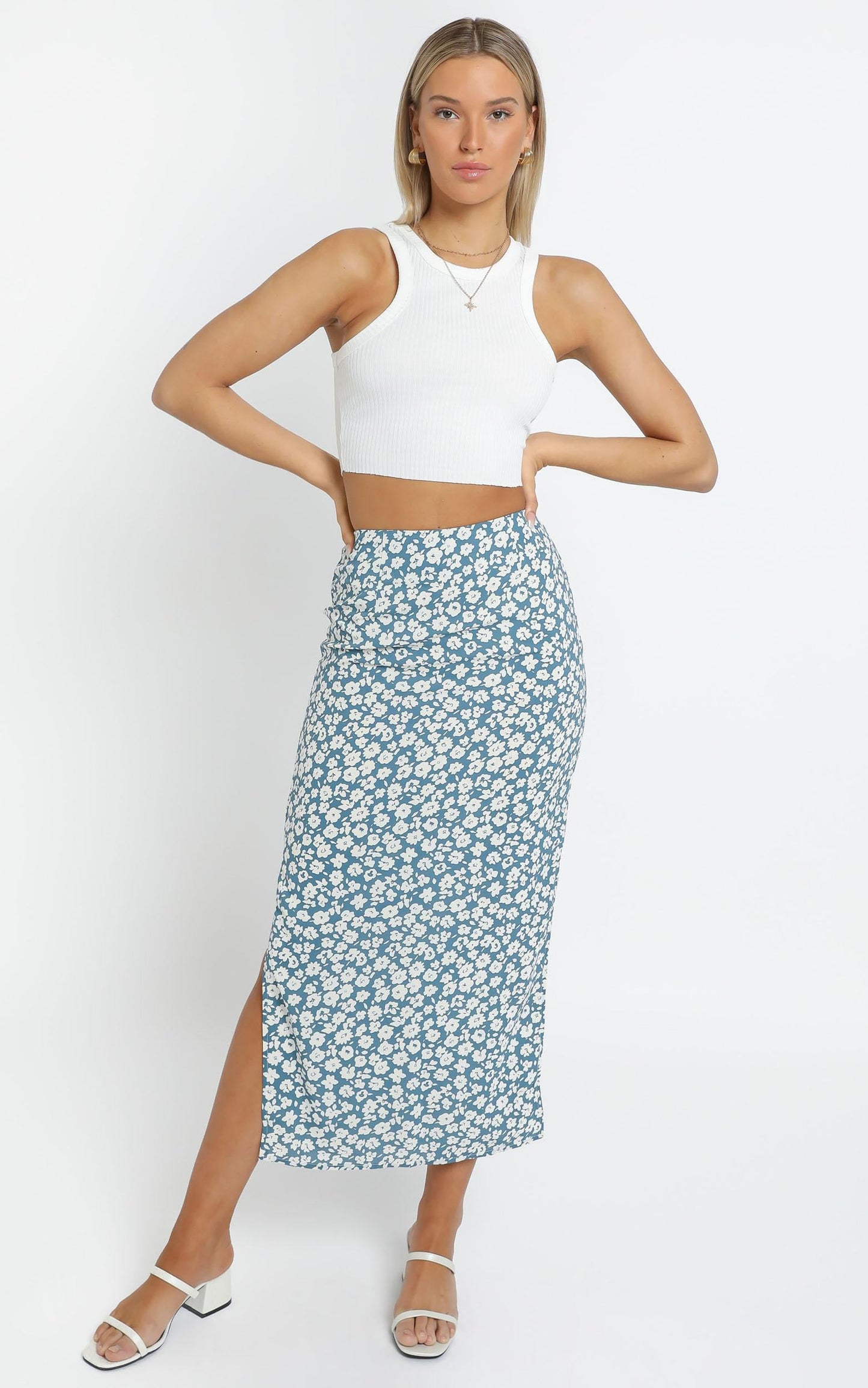 Freya Midi Skirt in Blue Floral