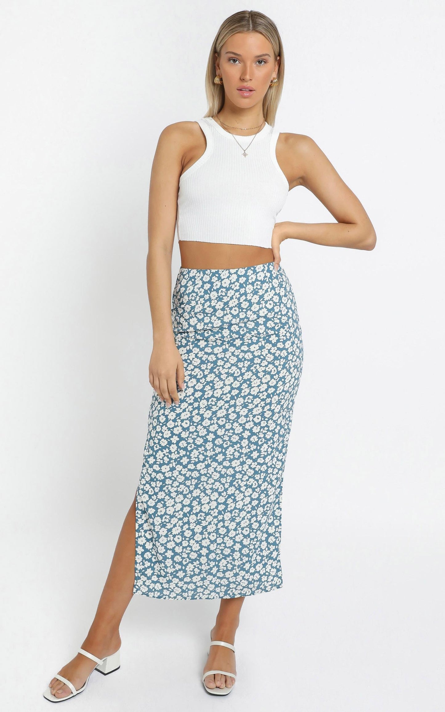 Freya Midi Skirt in Blue Floral