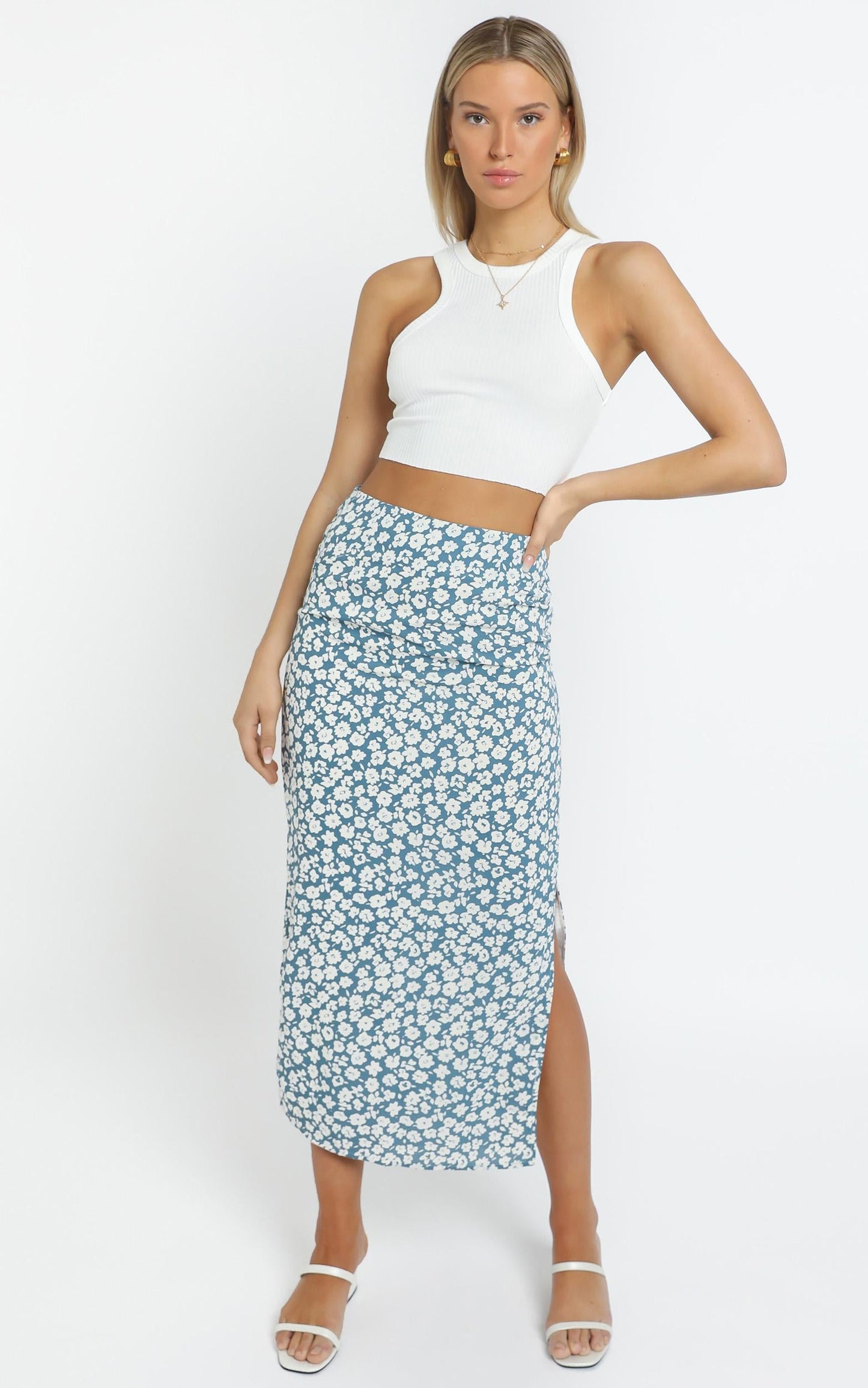 Freya Midi Skirt in Blue Floral