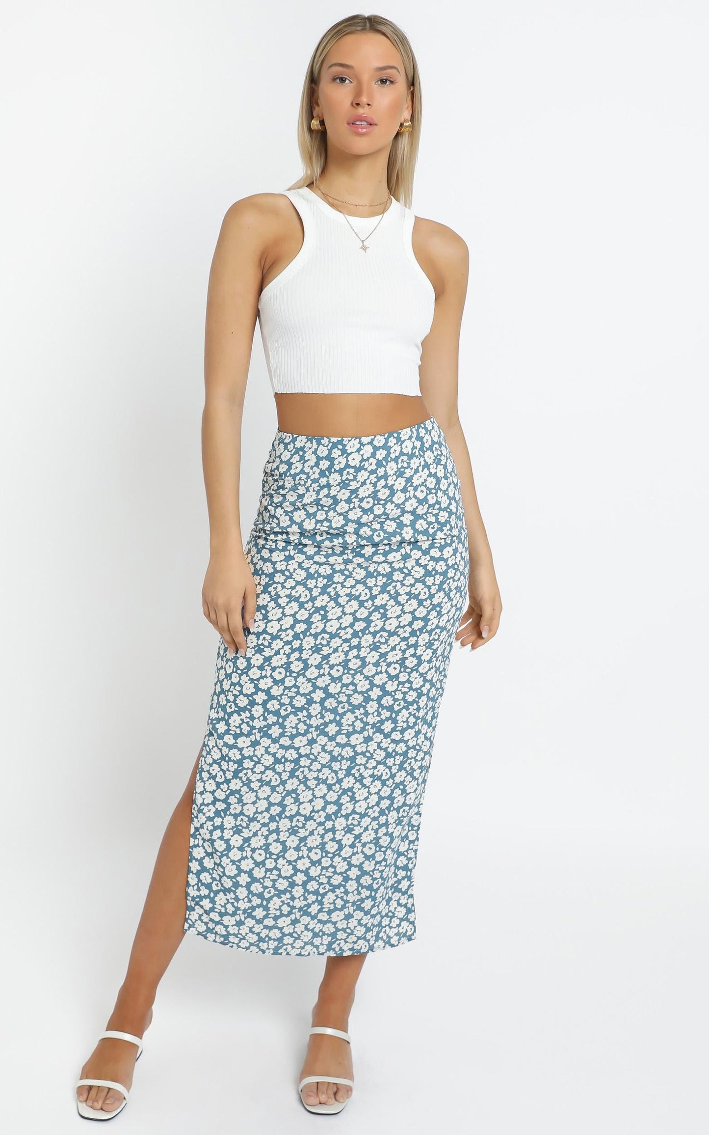 Freya Midi Skirt in Blue Floral