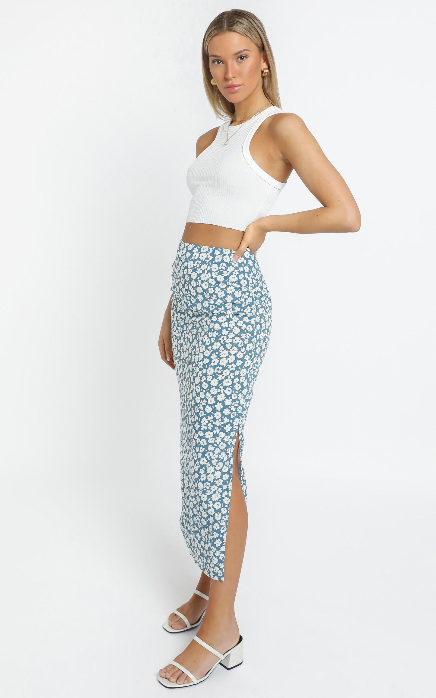 Freya Midi Skirt in Blue Floral