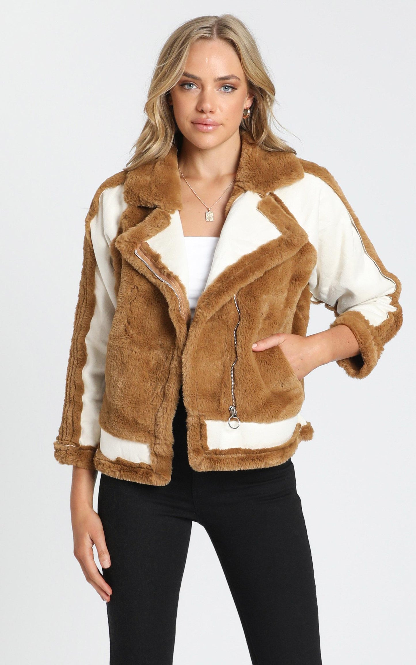 Layering Love Faux Fur Panel Jacket in Tan