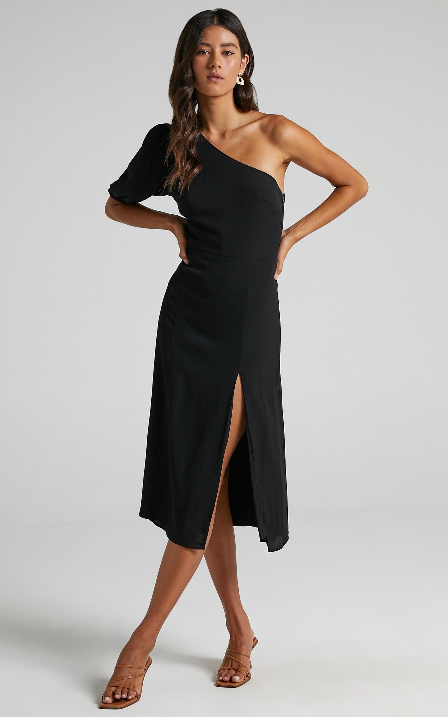 Tatiana Midi Dress - One Shoulder Thigh Split Dress in Black