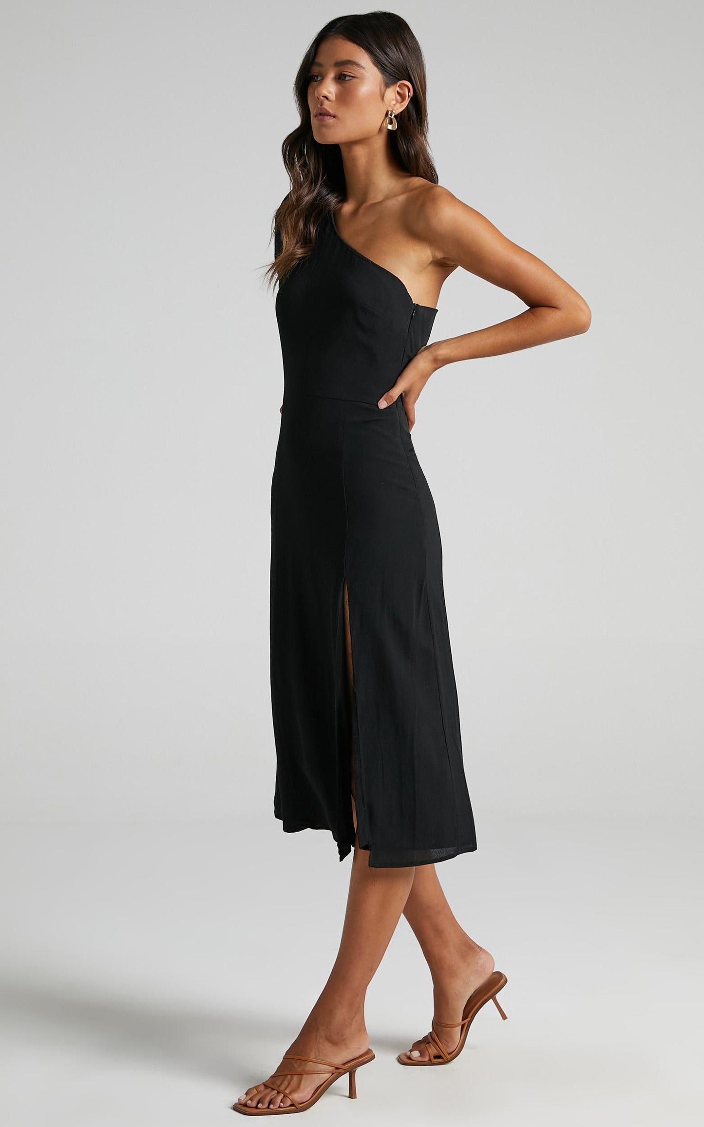 Tatiana Midi Dress - One Shoulder Thigh Split Dress in Black