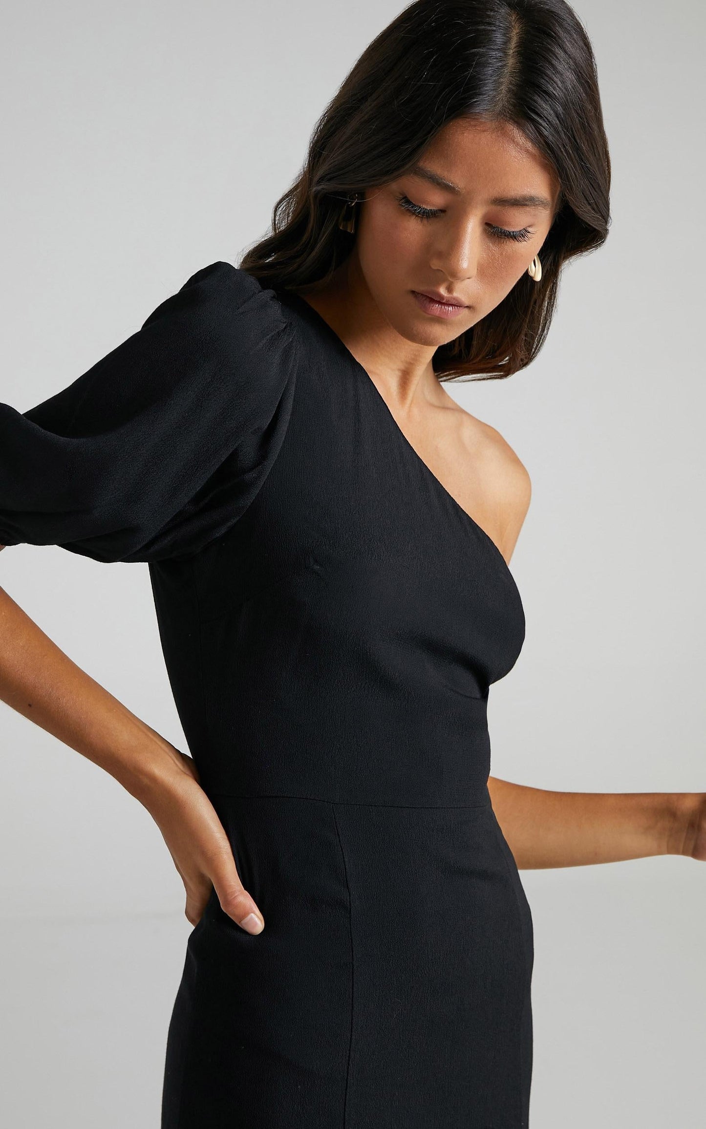 Tatiana Midi Dress - One Shoulder Thigh Split Dress in Black