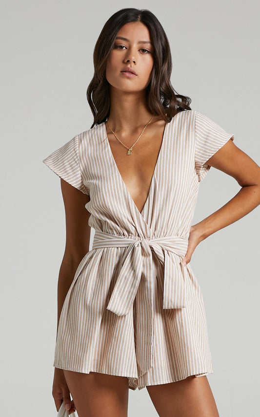 Top It Off Pluge Tie Front Playsuit in Beige Stripe