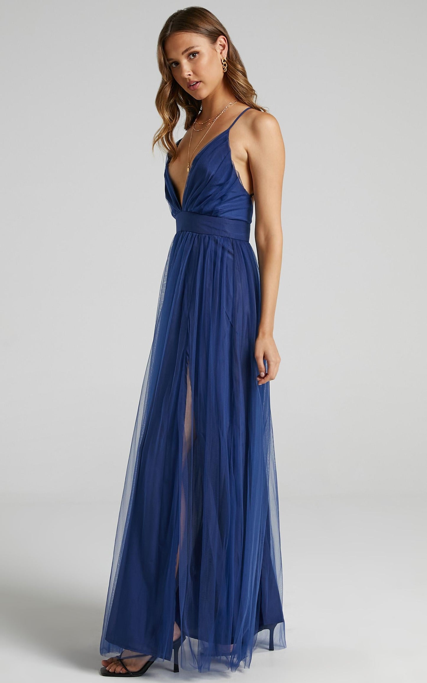 Tell Me Lies Midi Dress - Plunge Cross Back Dress in Navy Tulle