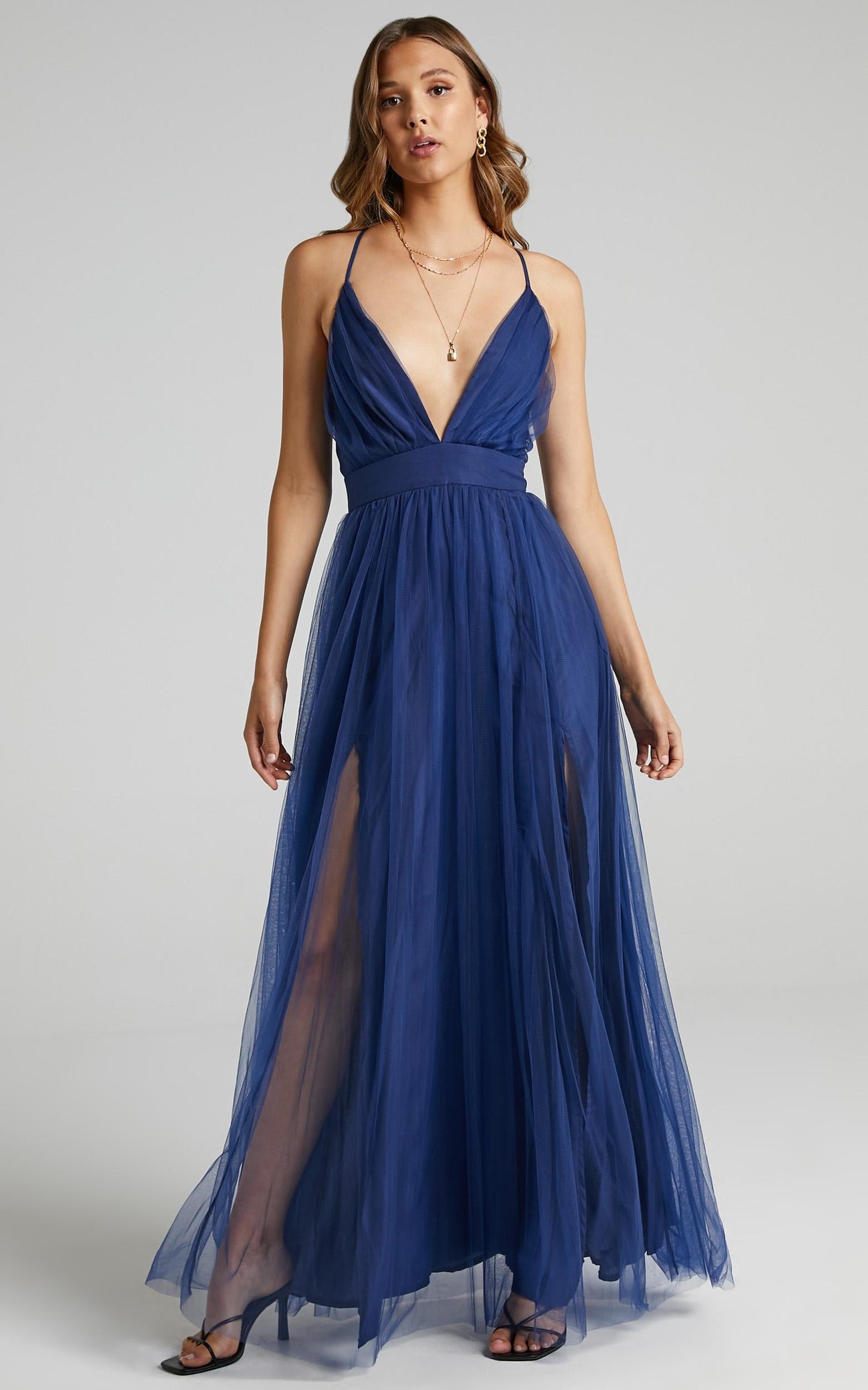 Tell Me Lies Midi Dress - Plunge Cross Back Dress in Navy Tulle