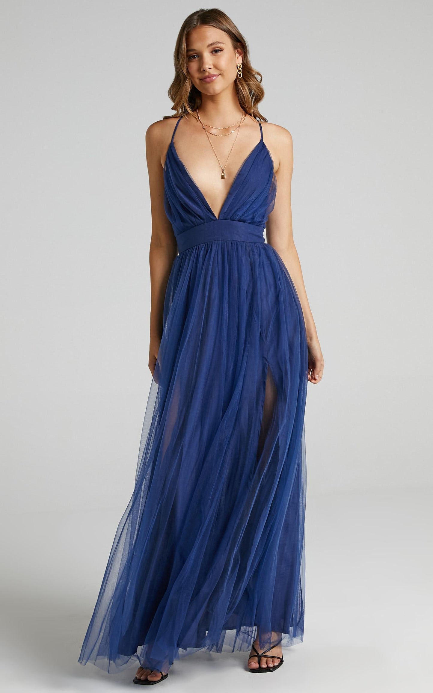 Tell Me Lies Midi Dress - Plunge Cross Back Dress in Navy Tulle